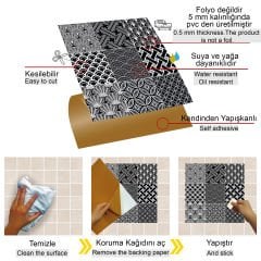 Tink Kendinden Yapışkanlı Siyah Beyaz Geometrik Desenli 30x30 cm Pvc Seramik Fayans Kaplama