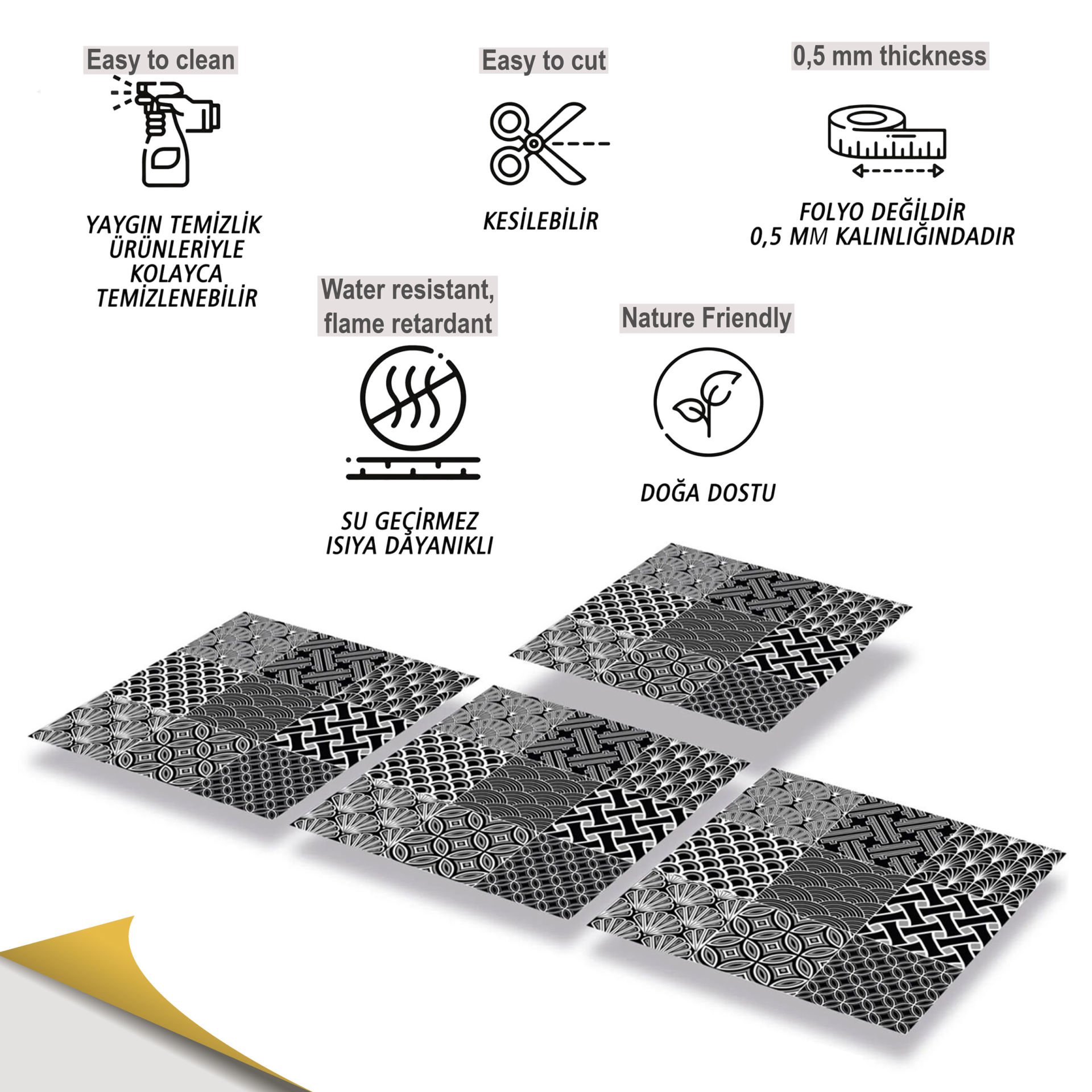 Tink Kendinden Yapışkanlı Siyah Beyaz Geometrik Desenli 30x30 cm Pvc Seramik Fayans Kaplama 1 m2 (11 Adet)