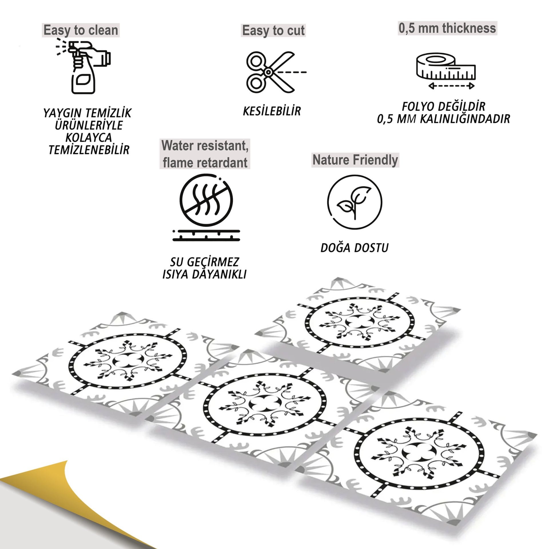 Tink Kendinden Yapışkanlı Geometrik Solo Desenli 30x30 cm Pvc Seramik Fayans Kaplama 1 m2 (11 Adet)