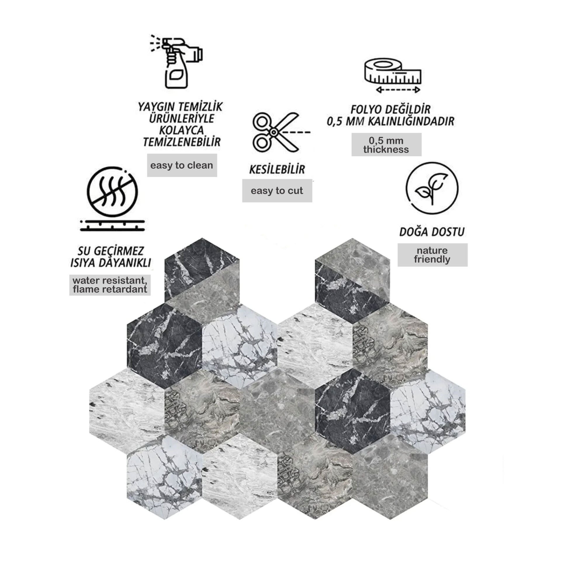 Tink Kendinden Yapışkanlı Mermer Desenli Altıgen Pvc Karo Kaplama 27x31 cm