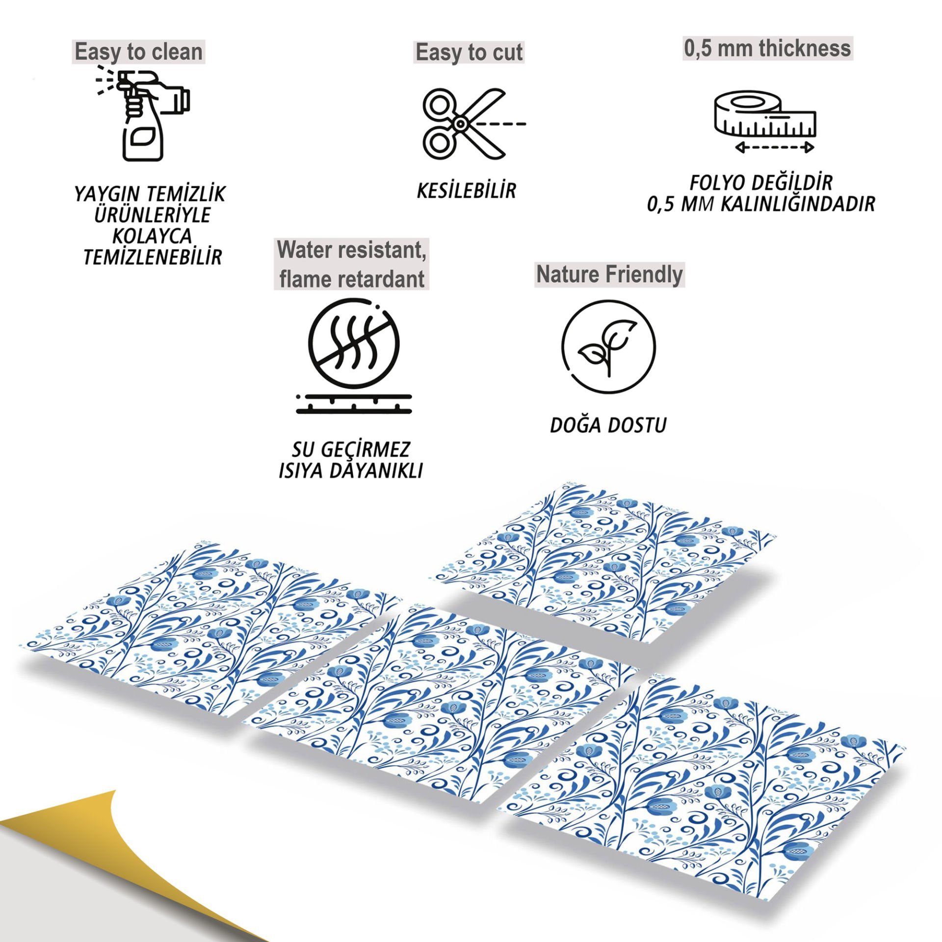 Tink Kendinden Yapışkanlı Mavi Sarmaşık Desenli 30x30 cm Pvc Karo Kaplama