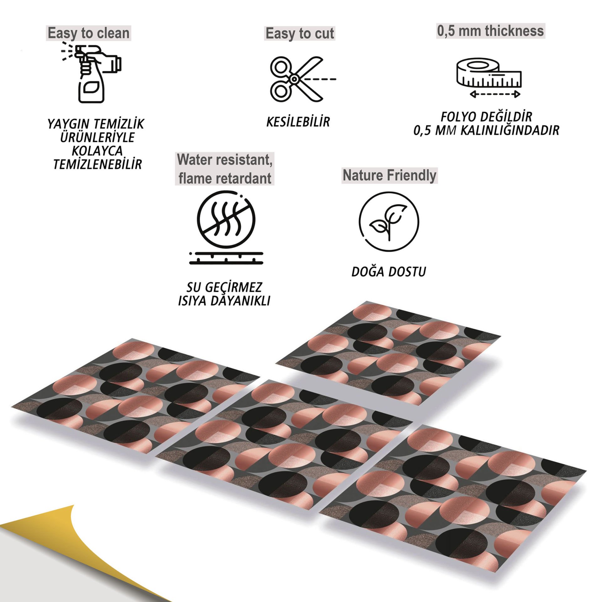 Tink Kendinden Yapışkanlı Koyu Yuvarlak Desenli 30x30 cm Pvc Karo Kaplama