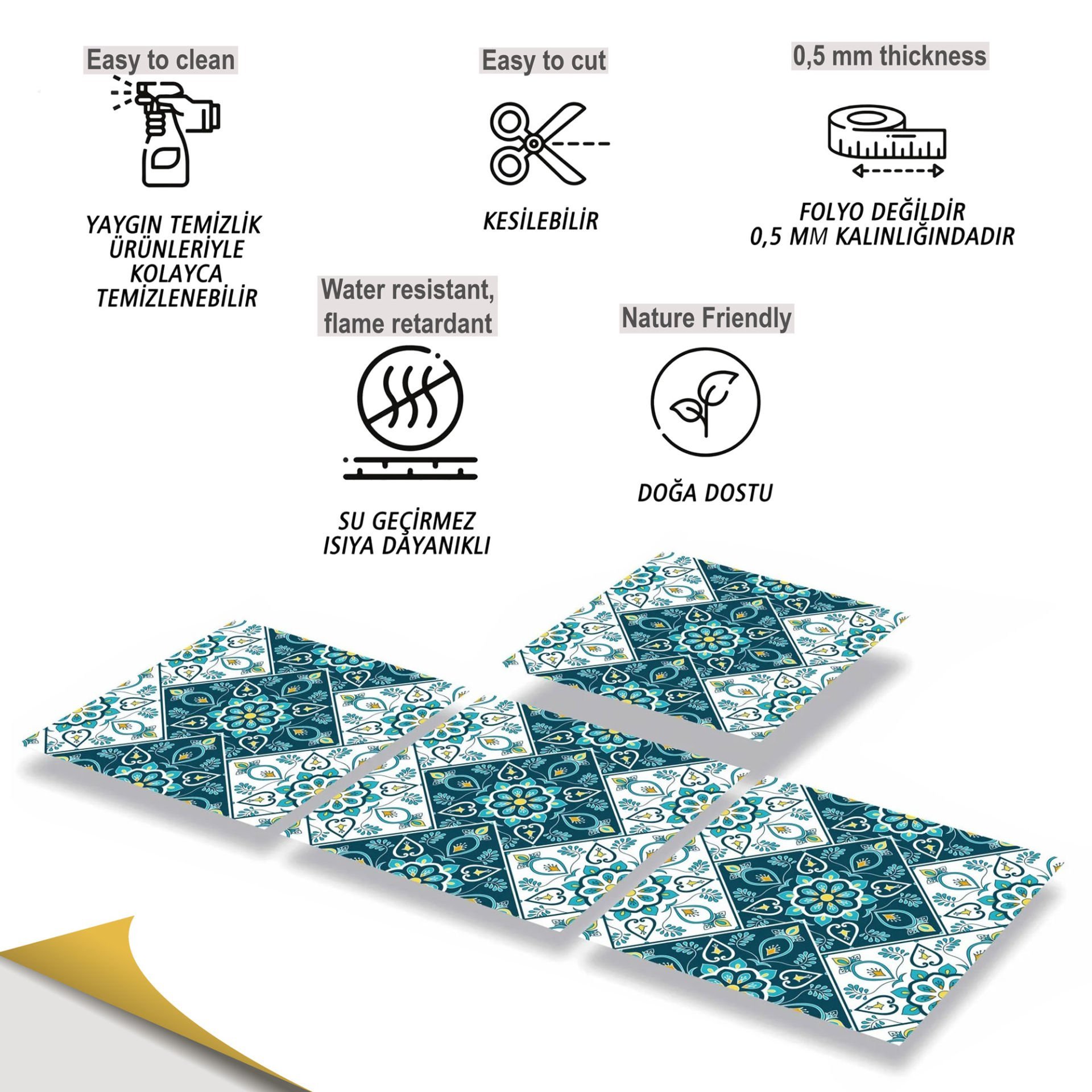 Tink Kendinden Yapışkanlı Turkuaz Çiçek Desenli 30x30 cm Pvc Karo Kaplama