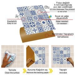 Tink Kendinden Yapışkanlı Modern Mavi Karo Desenli 30x30 cm Pvc Karo Kaplama 1 m2 (11 Adet)
