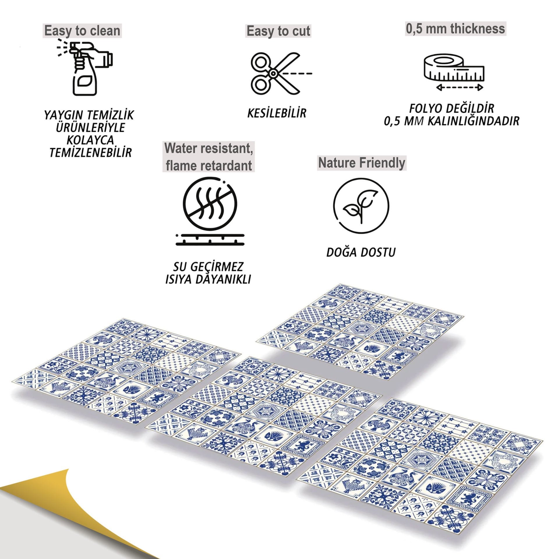 Tink Kendinden Yapışkanlı Modern Mavi Karo Desenli 30x30 cm Pvc Karo Kaplama 1 m2 (11 Adet)