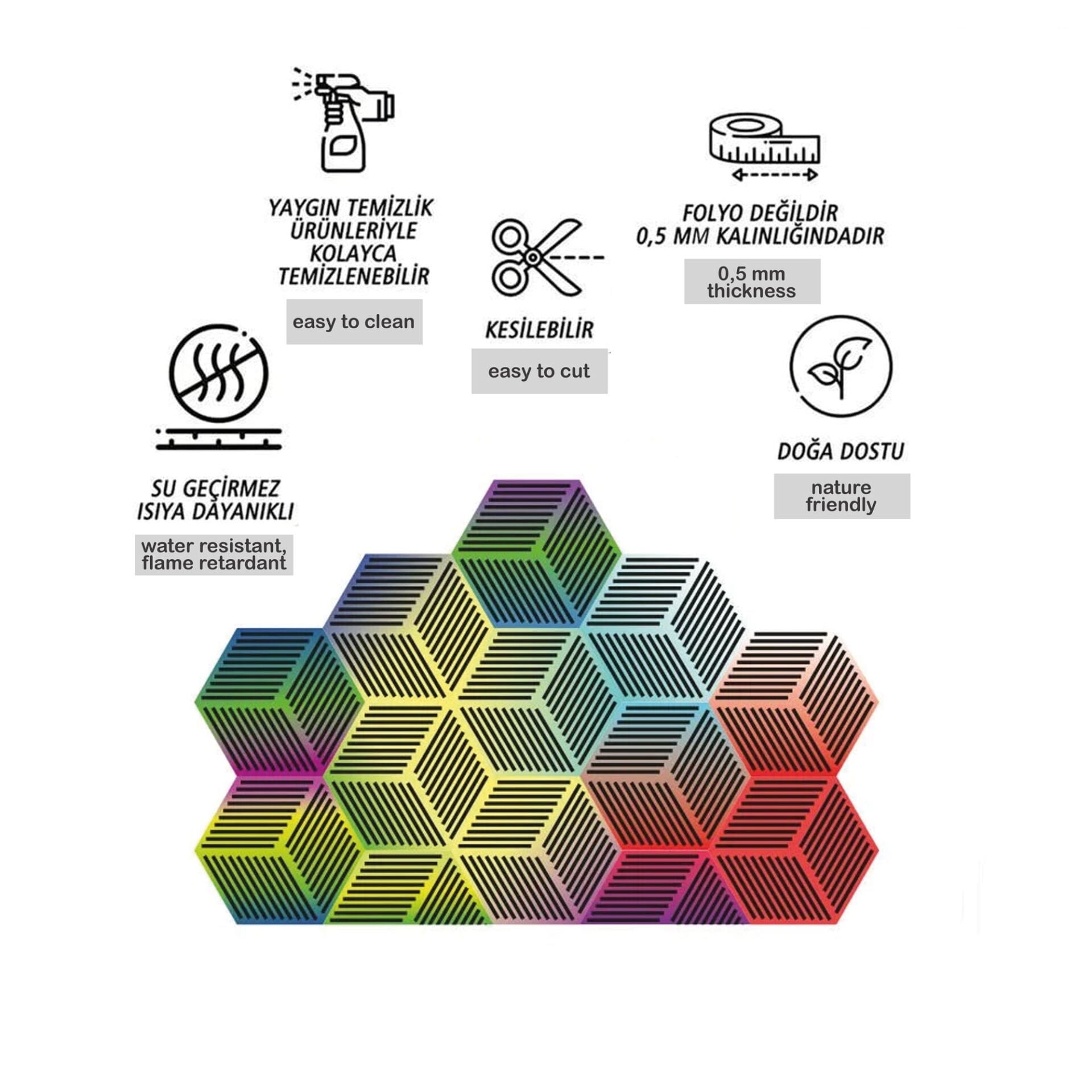 Tink Kendinden Yapışkanlı Renkli Geometrik Altıgen Pvc Karo Kaplama 27x31 cm