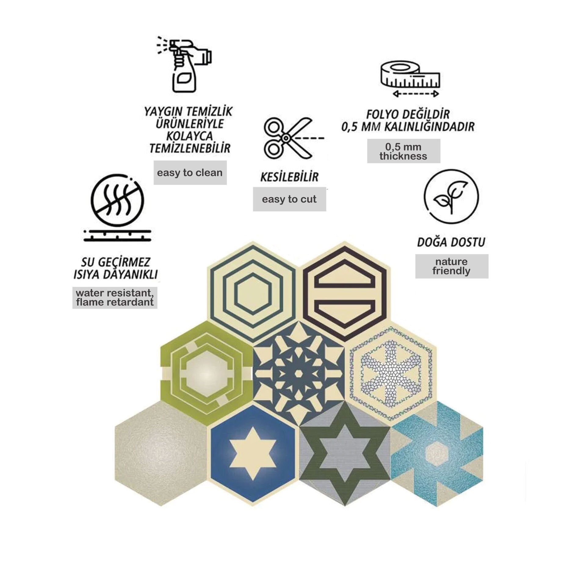 Tink Kendinden Yapışkanlı Modern Çizgili Altıgen Pvc Karo Kaplama 27x31 cm