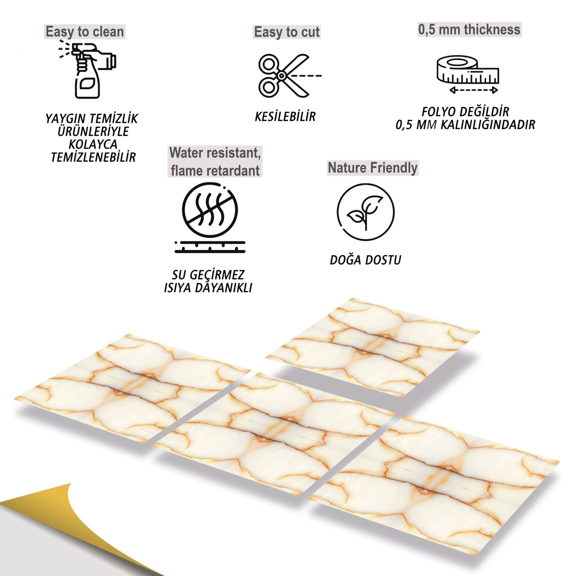 Tink Kendinden Yapışkanlı Gold Mermer Desen 30x30 cm Pvc Karo Kaplama 1 m2 (11 Adet)