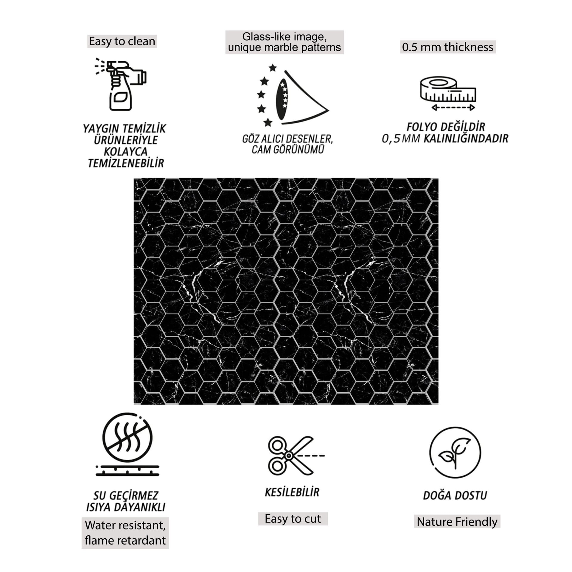 Tink Siyah Petek Mermer Desenli Panel Pvc 41X62 cm 1 m² (4 Adet)