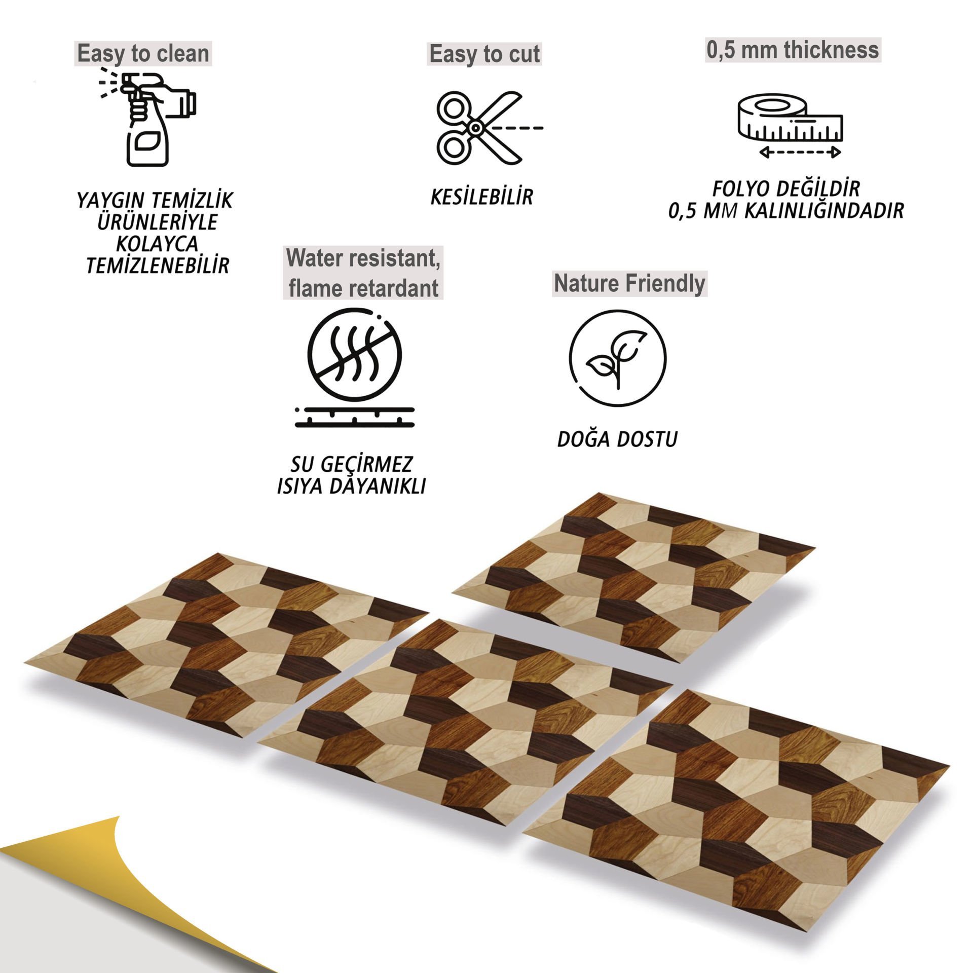 Tink Kendinden Yapışkanlı Geometrik Ahşap Desenli 30x30 cm Pvc Karo Kaplama