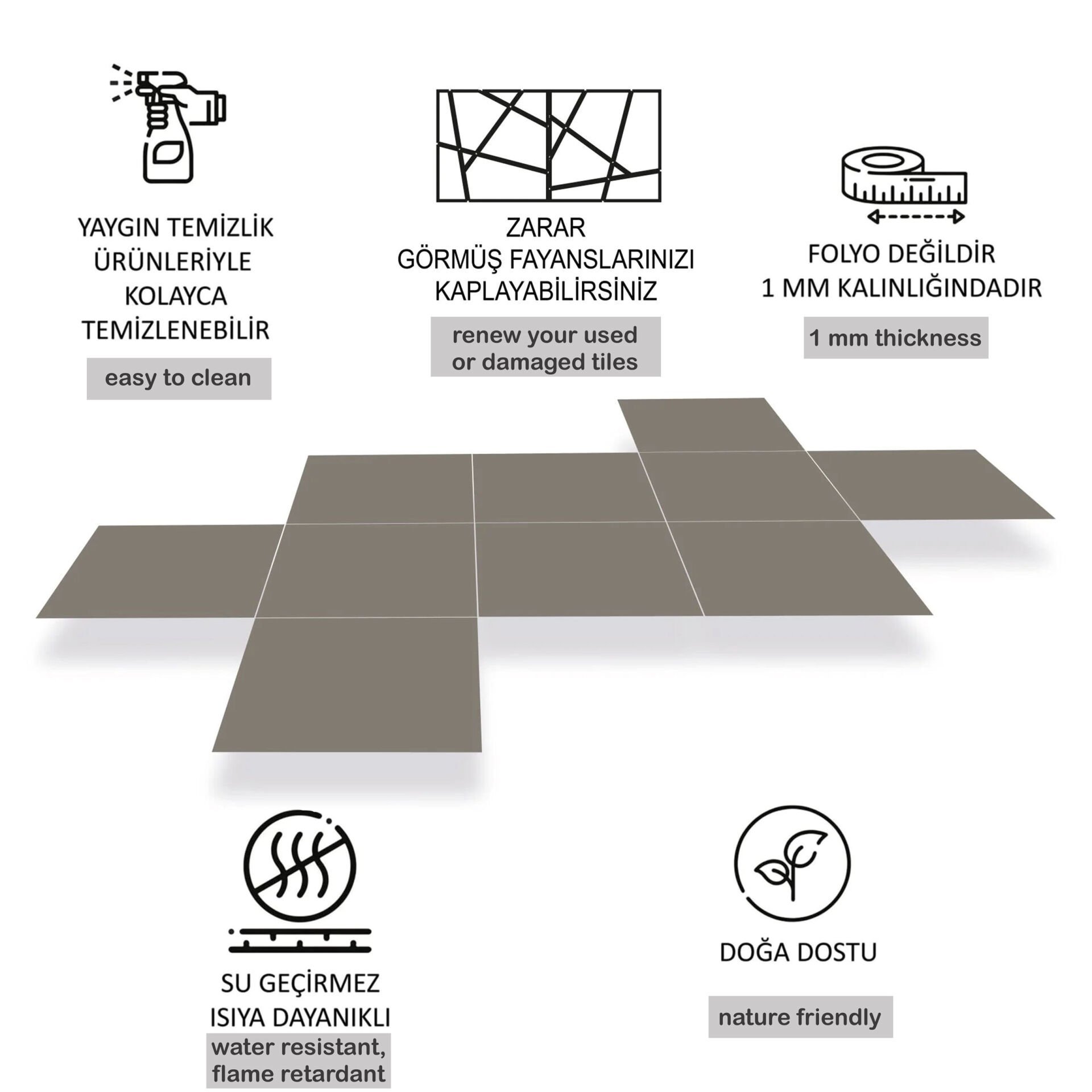 Kendinden Yapışkanlı Soft Saten 120 Açık Düz Renkli Mat PVC Karo / 1 mm Kalınlık / 1 m² / 32x32 cm