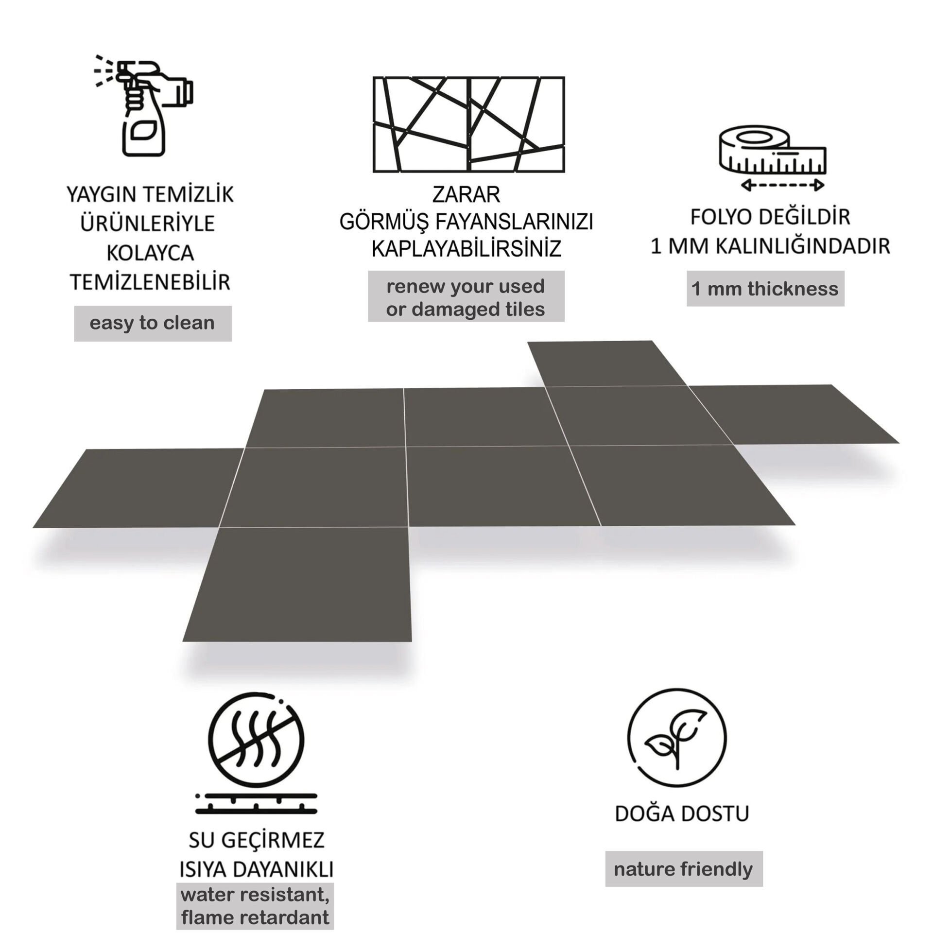 Kendinden Yapışkanlı Soft Saten 112 Koyu Düz Renkli Mat PVC Karo / 1 mm Kalınlık / 1 m² / 32x32 cm