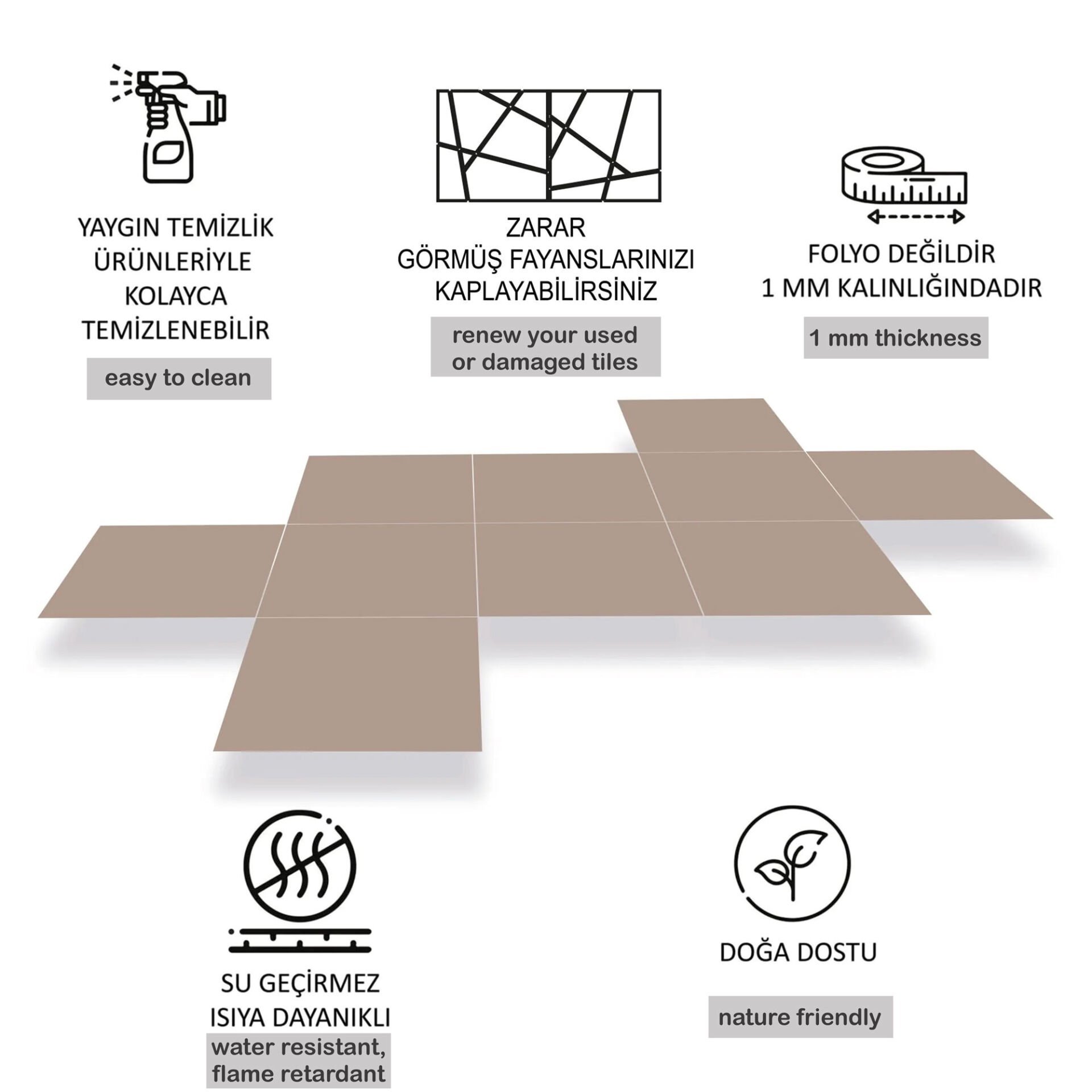 Kendinden Yapışkanlı Cappuccino 616 Düz Renkli Mat PVC Karo / 1 mm Kalınlık / 1 m² / 32x32 cm