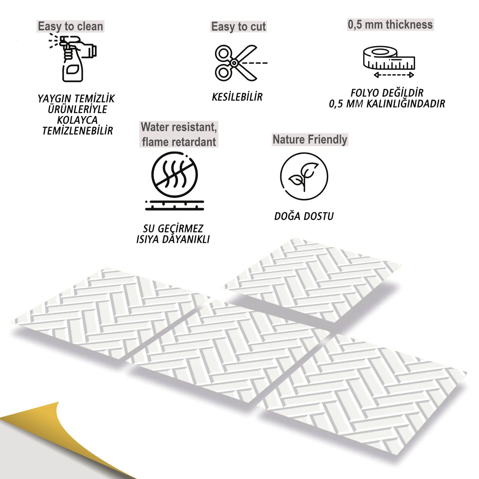Tink Kendinden Yapışkanlı Beyaz Balıksırtı Desenli 30x30 cm Pvc Karo Kaplama 1 m2 (11 Adet)