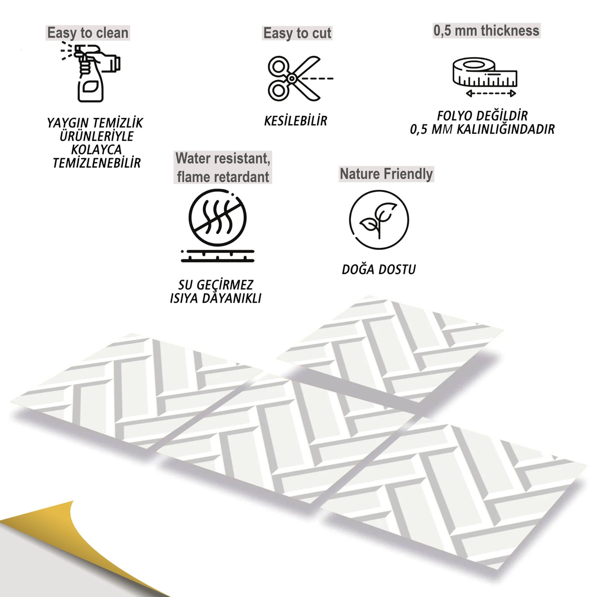 Tink Kendinden Yapışkanlı Beyaz Büyük Balıksırtı Desenli 30x30 cm Pvc Karo kaplama