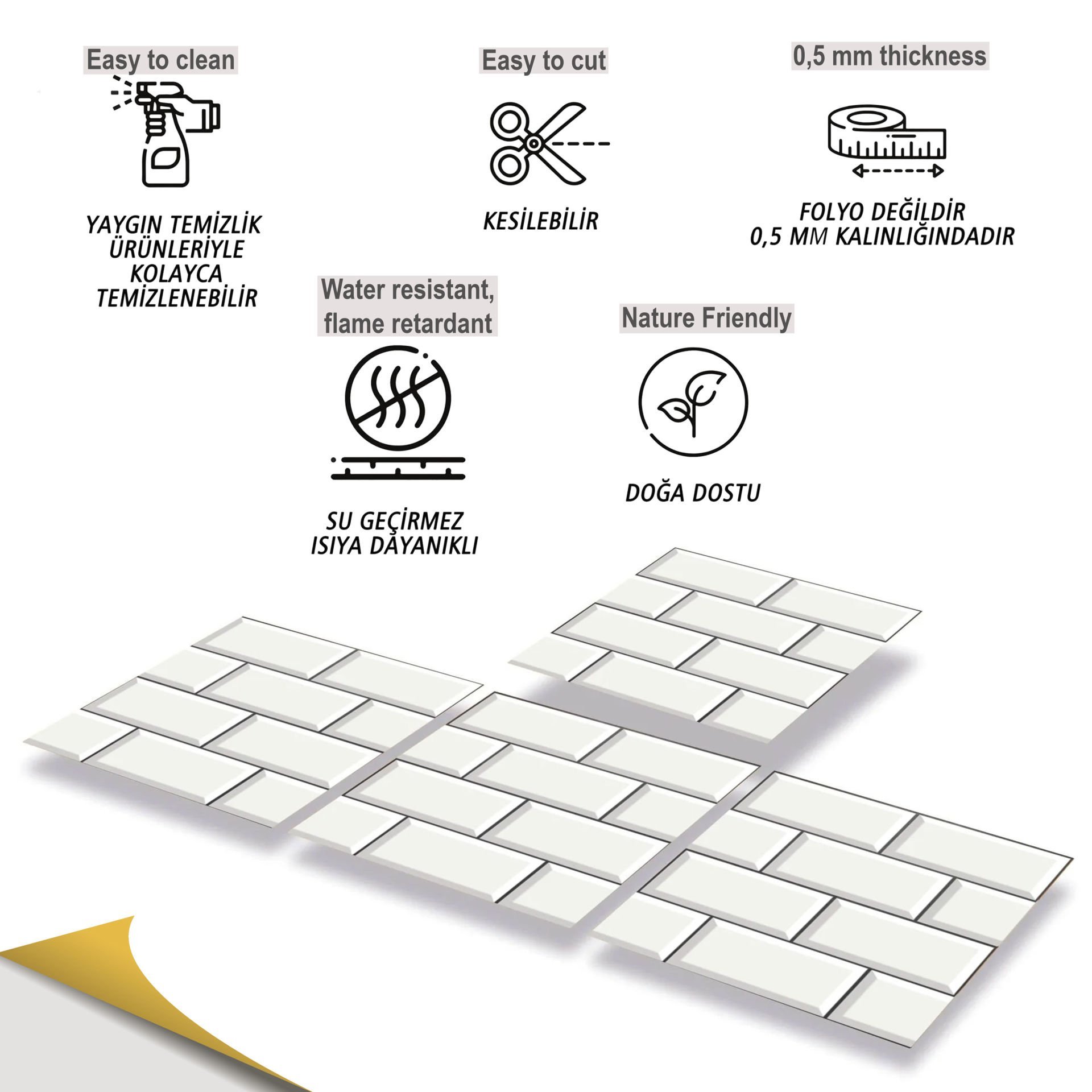 Tink Kendinden Yapışkanlı Büyük Beyaz Koyu Derzli Metro Desenli 30x30 cm Pvc Karo Kaplama