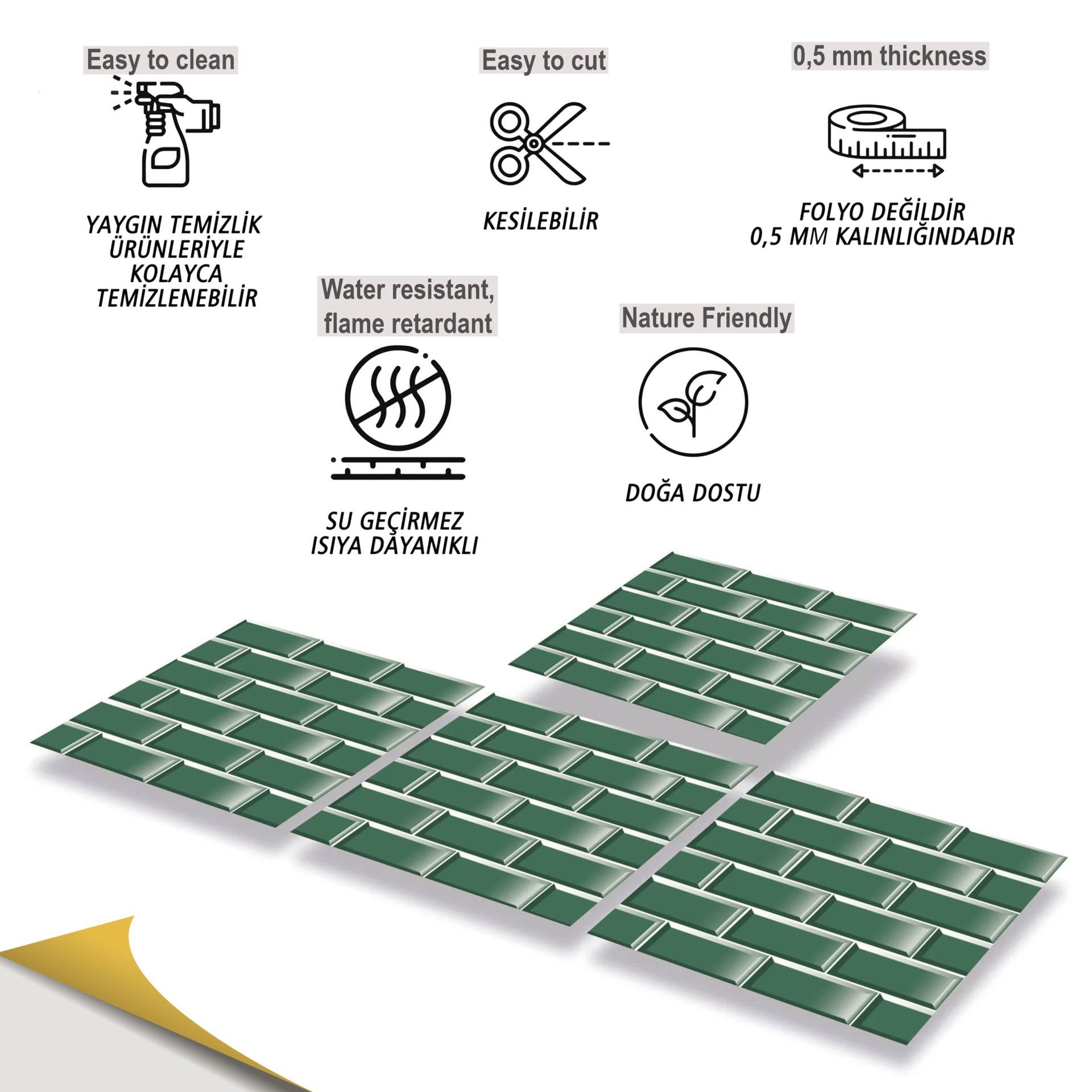 Tink Kendinden Yapışkanlı Pvc Karo Kaplama Tezgah Arası Kaplama Zümrüt Metro Desenli 30x30 cm