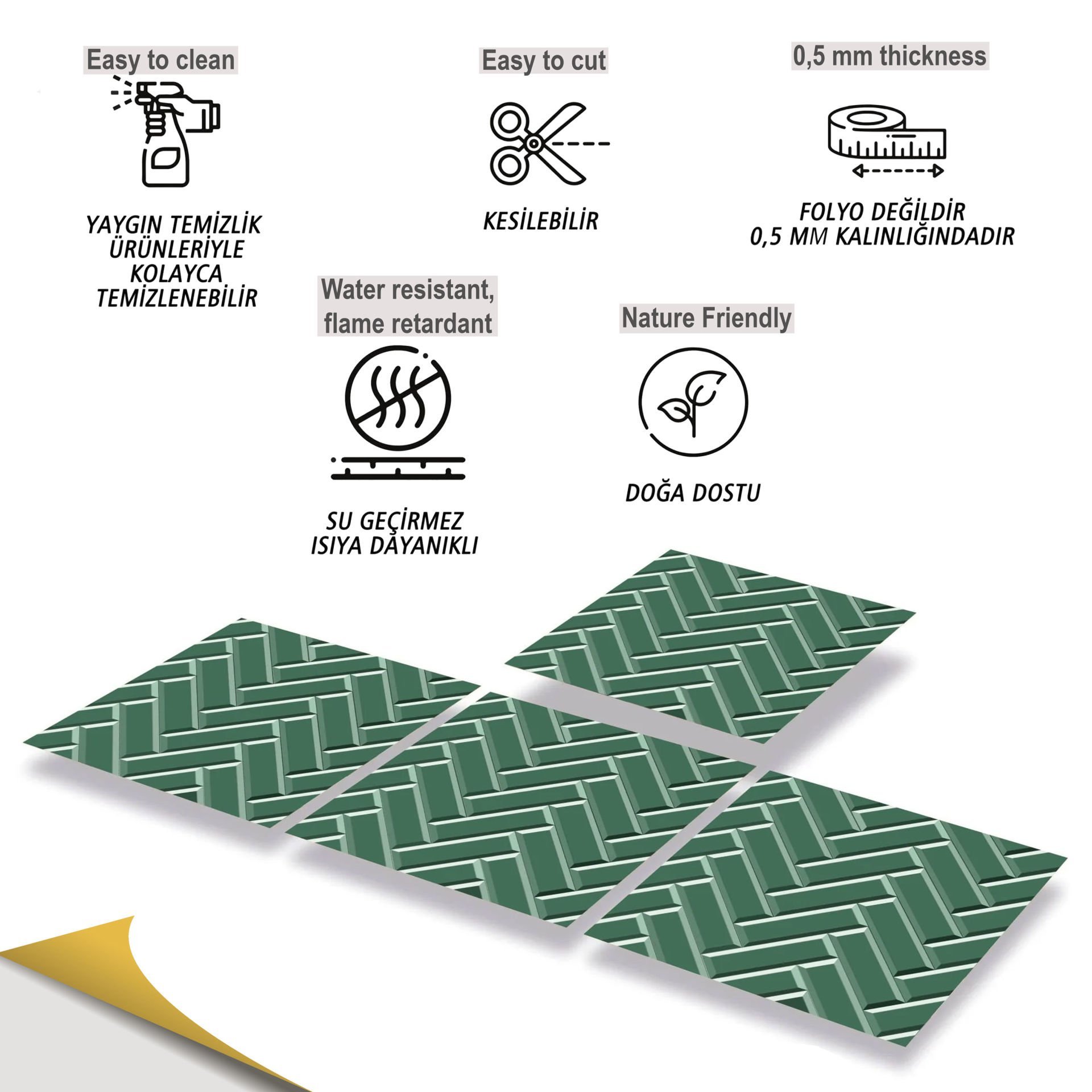 Tink Kendinden Yapışkanlı Zümrüt Balıksırtı Desenli 30x30 cm Pvc Karo Kaplama