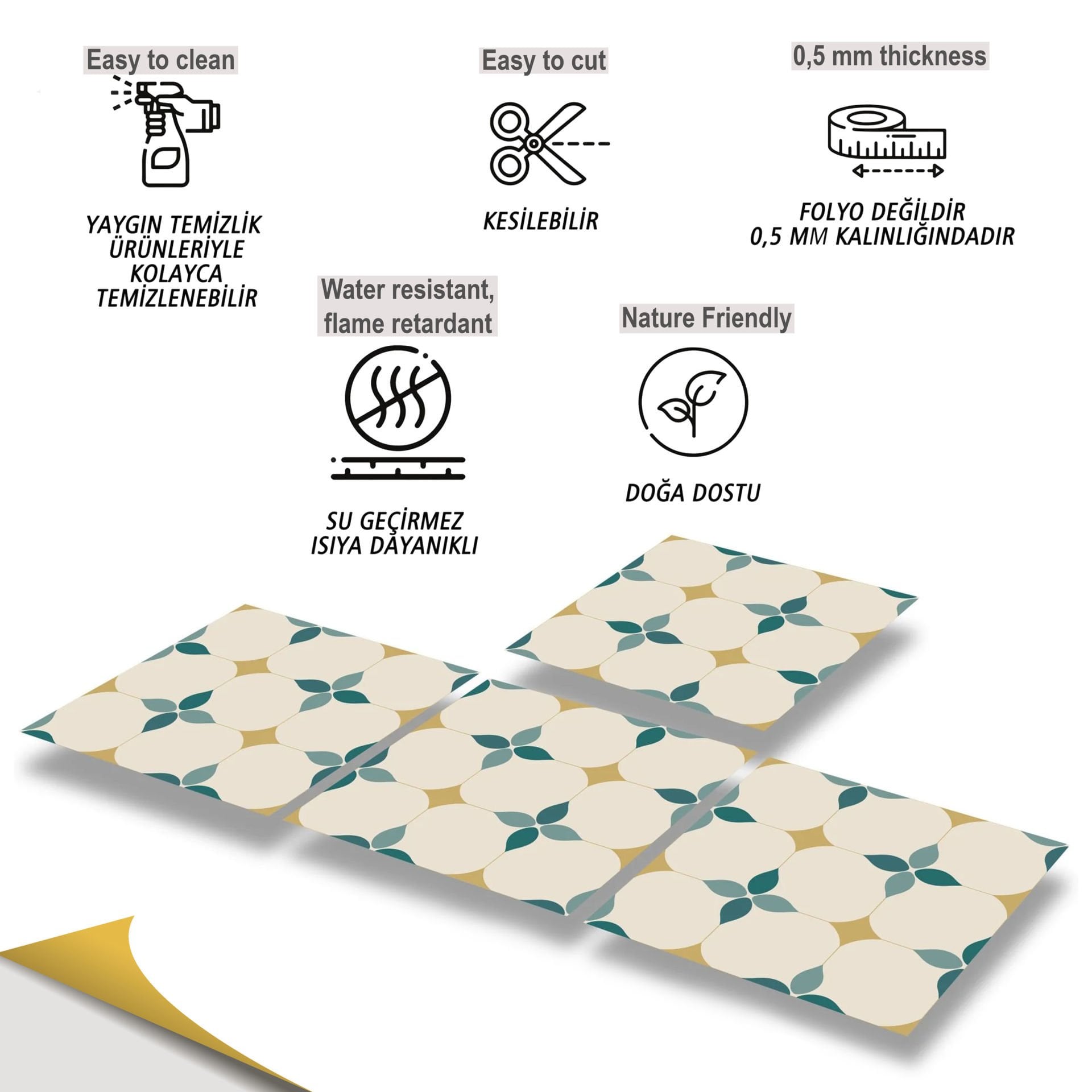Tink Kendinden Yapışkanlı Zümrüt Çiçekli Desenli 30x30 cm Pvc Karo Kaplama 1 m2 (11 Adet)