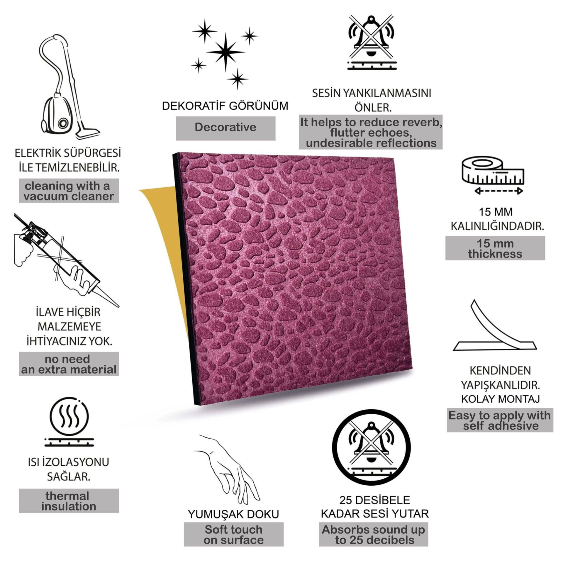 Tink Kendinden Yapışkanlı Keçe Akustik Ses ve Isı Yalıtım Paneli Bordo 40x40 cm