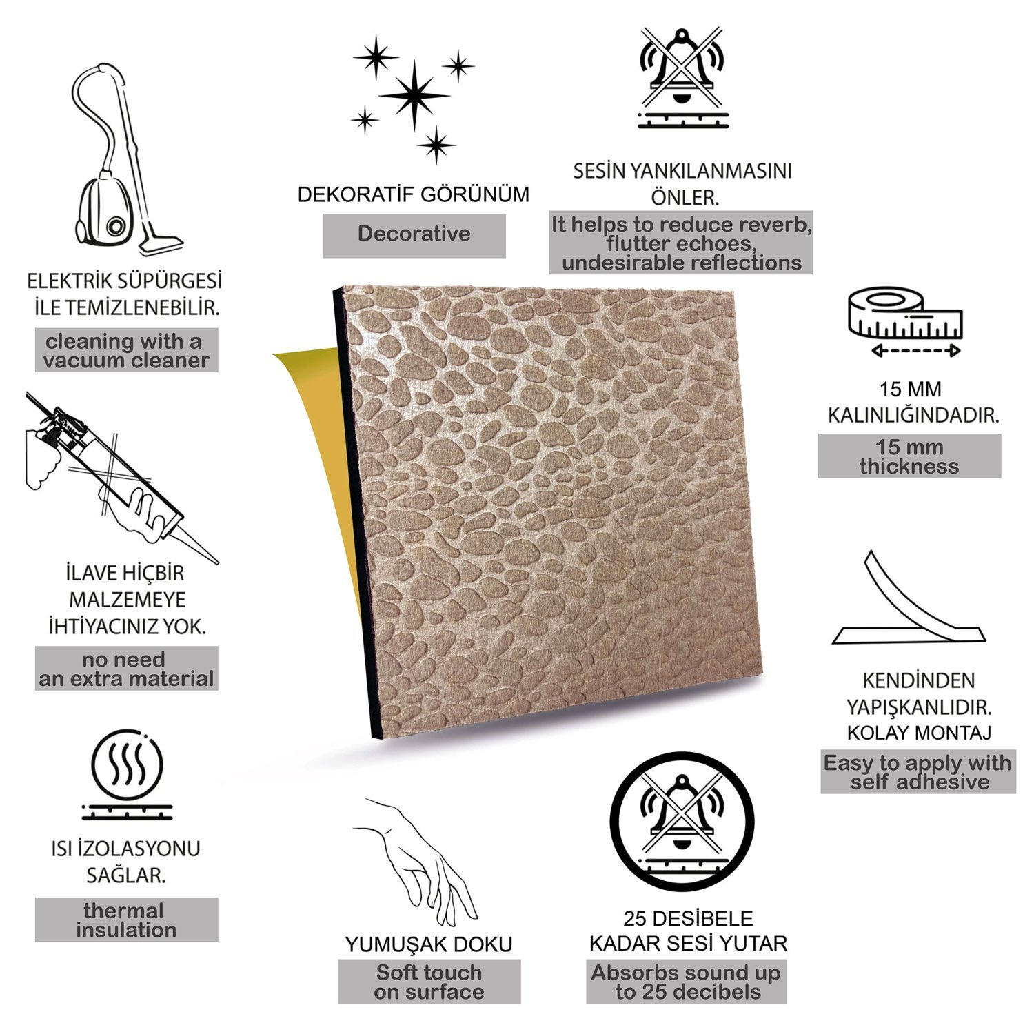 Tink Kendinden Yapışkanlı Keçe Akustik Ses ve Isı Yalıtım Paneli Bej 40x40 cm