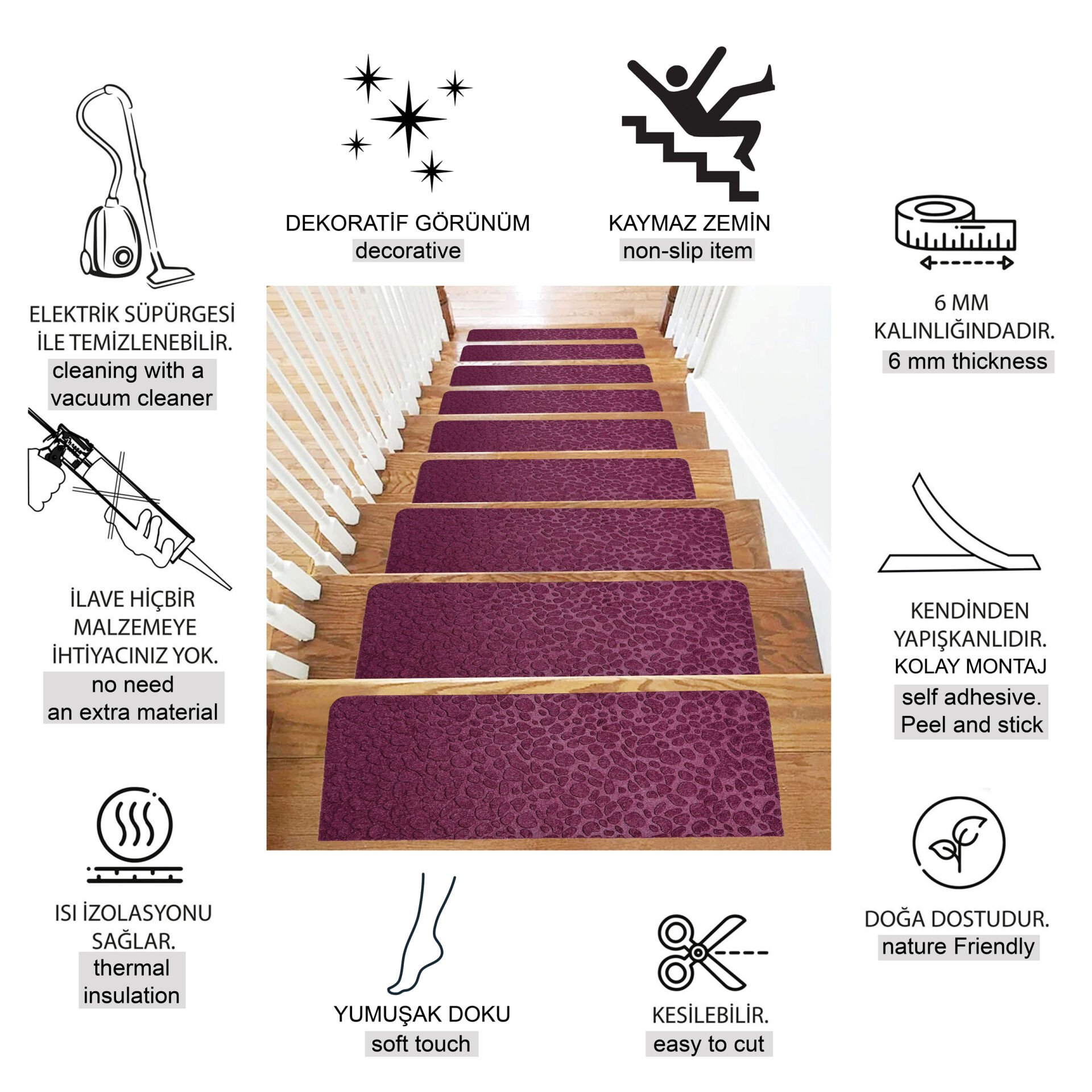 Tink Yapışkanlı Kaydırmaz Yıkanabilir Keçe Merdiven Basamak Halısı Bordo 22x75 cm