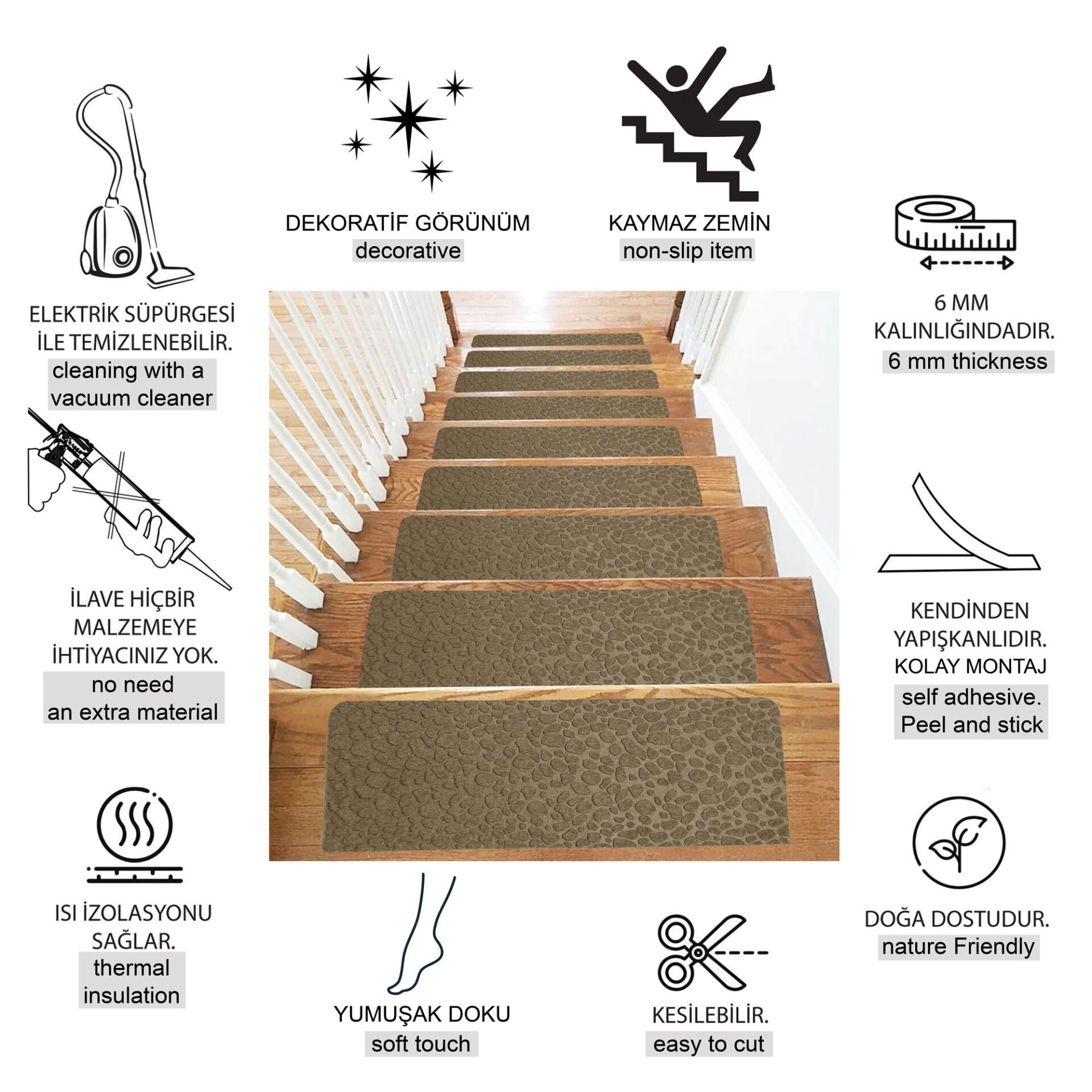 Tink Yapışkanlı Kaydırmaz Yıkanabilir Keçe Merdiven Basamak Halısı Bej 22x75 cm