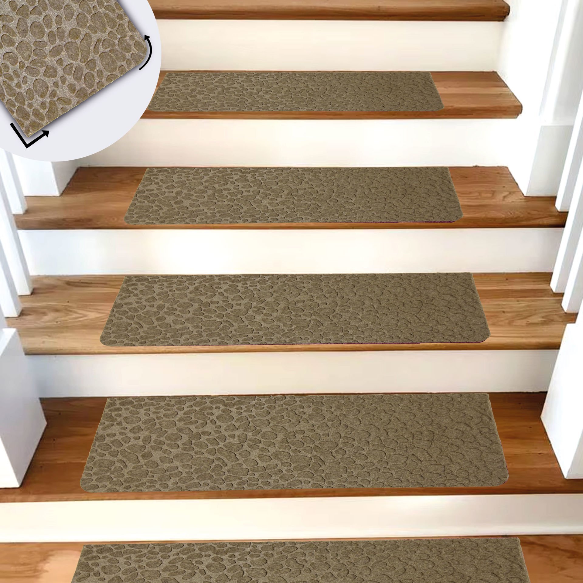 Tink Adhesive Non-Slip Washable Felt Stair Tread Carpet Beige 22x75 cm