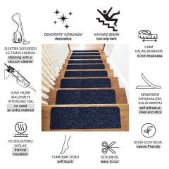 Tink Yapışkanlı Kaydırmaz Yıkanabilir Keçe Merdiven Basamak Halısı Lacivert 22x75 cm