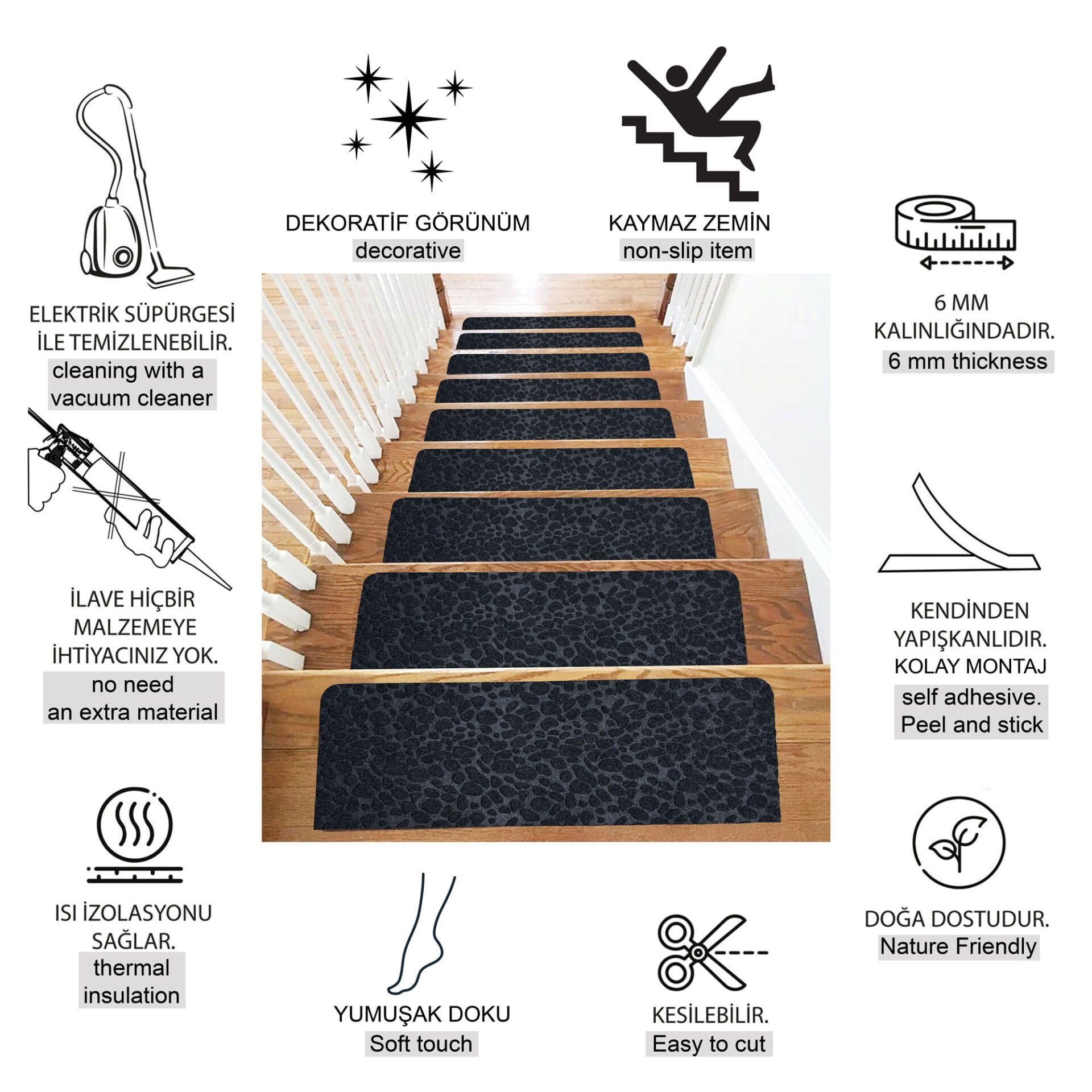 Tink Yapışkanlı Kaydırmaz Yıkanabilir Keçe Merdiven Basamak Halısı Antrasit 22x75 cm