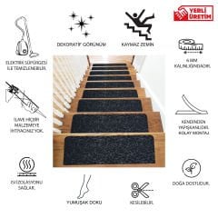 Tink Yapışkanlı Kaydırmaz Yıkanabilir Keçe Merdiven Basamak Halısı Antrasit 22x75 cm