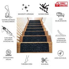 Tink Adhesive Non-Slip Washable Felt Stair Tread Carpet Black 22x75 cm