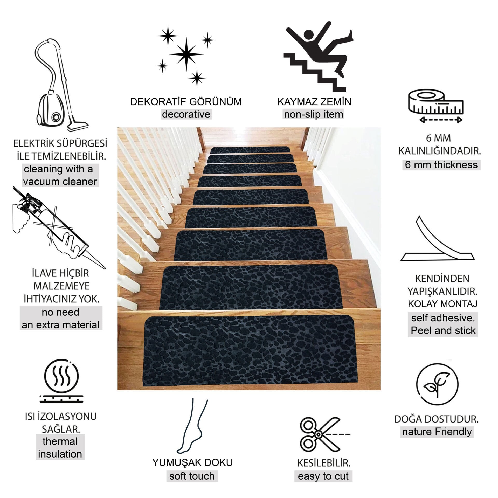 Tink Yapışkanlı Kaydırmaz Yıkanabilir Keçe Merdiven Basamak Halısı Siyah 22x75 cm