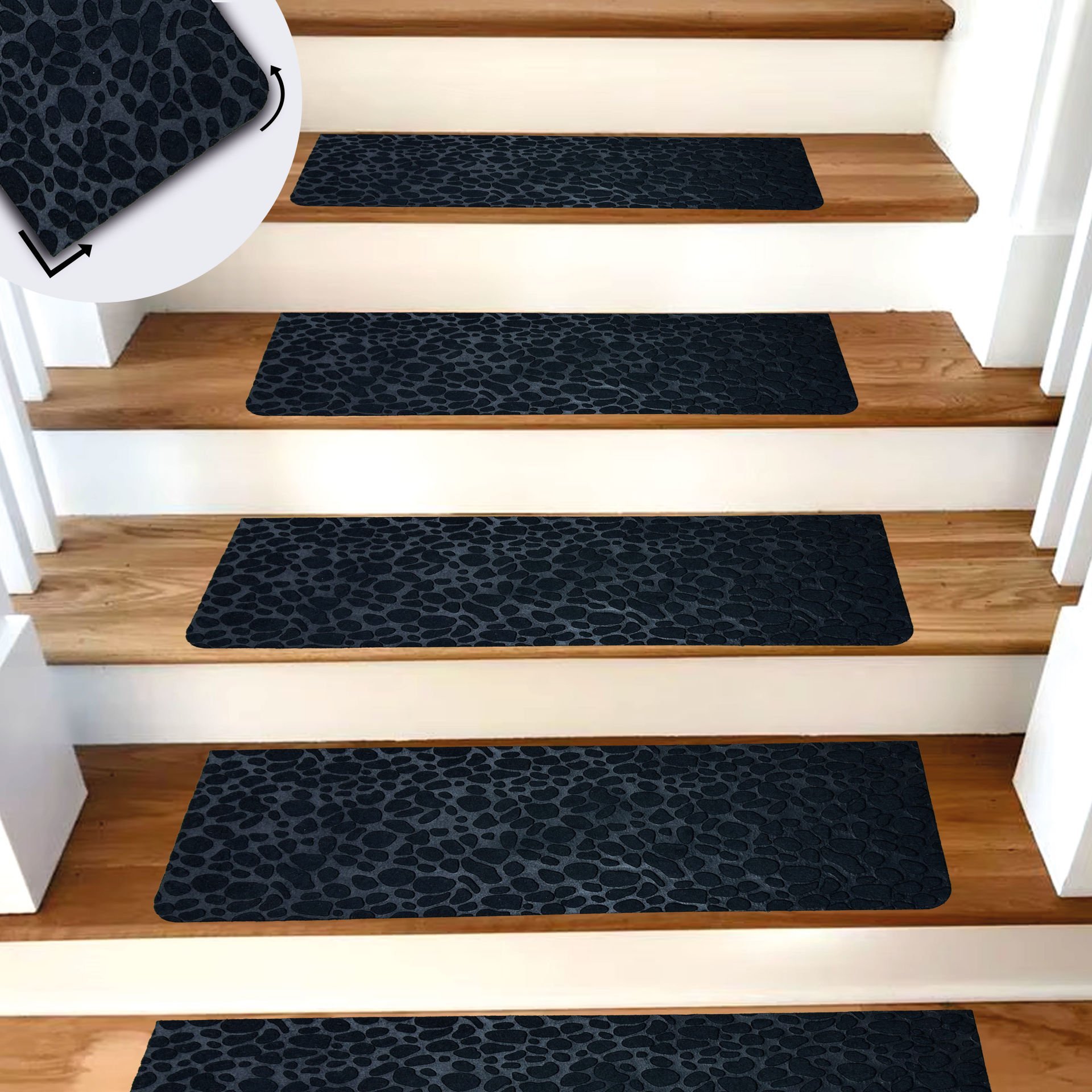 Tink Adhesive Non-Slip Washable Felt Stair Tread Carpet Black 22x75 cm