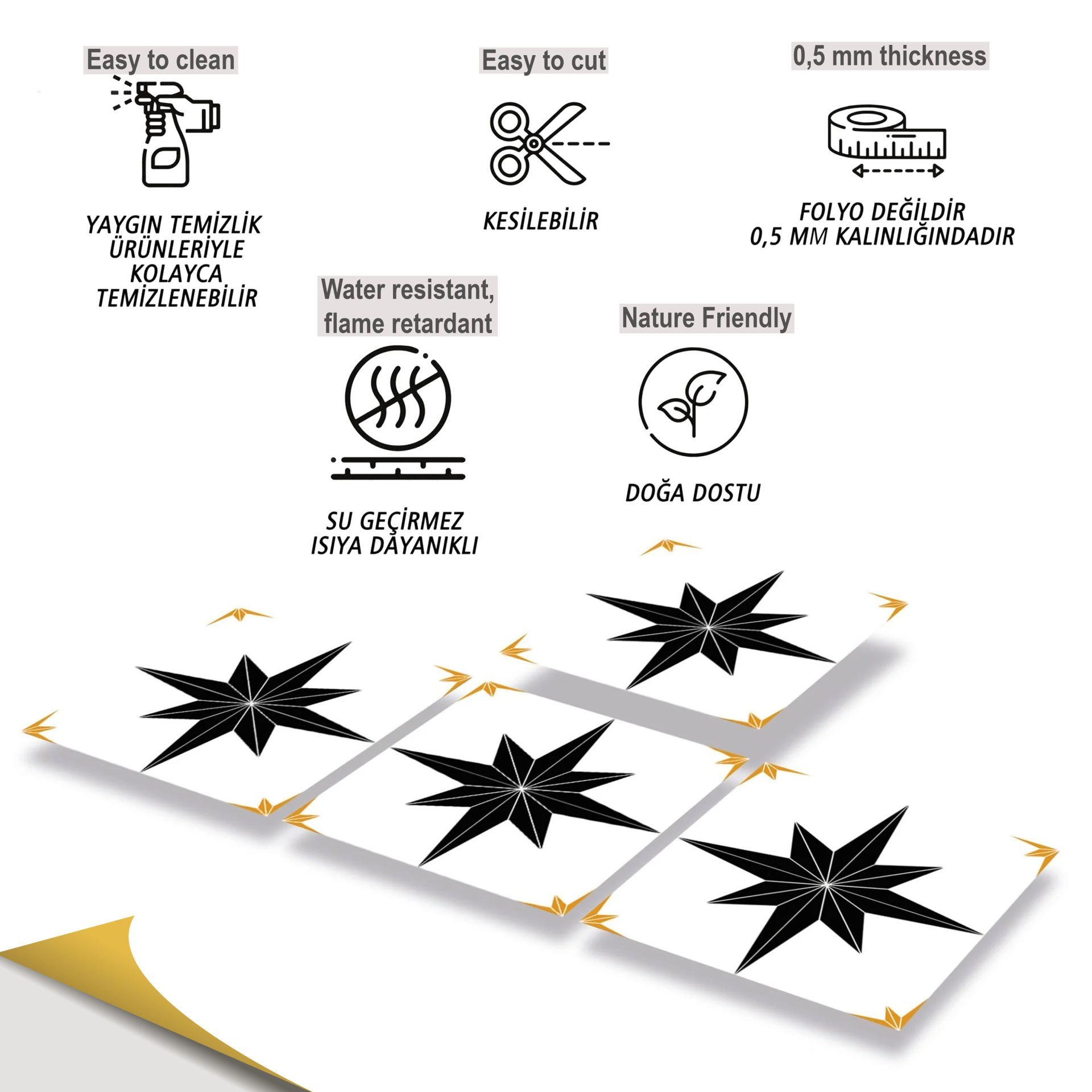 Tink Kendinden Yapışkanlı Altın Yıldız Desenli 30x30 cm Pvc Karo Kaplama