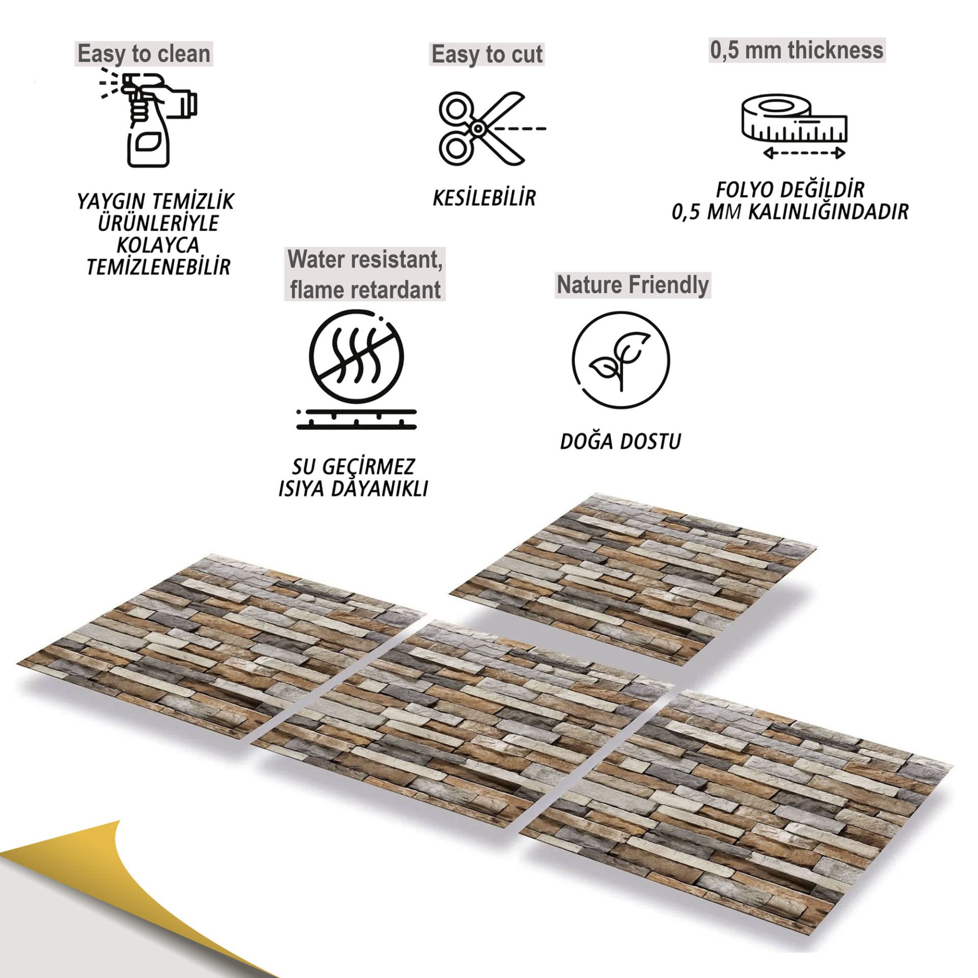 Tink Kendinden Yapışkanlı Geometrik Taş Desenli 30x30 cm Pvc Karo Kaplama