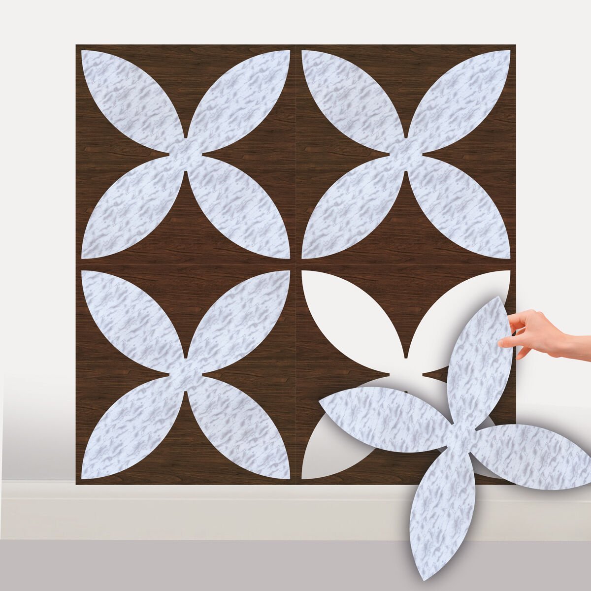 Tink Kendinden Yapışkanlı PVC Markuteri Mozaik  2 Parke Kaplama Yer Döşemesi-Mermer-Teak-40x40 cm-0,64 m²-4 Adet