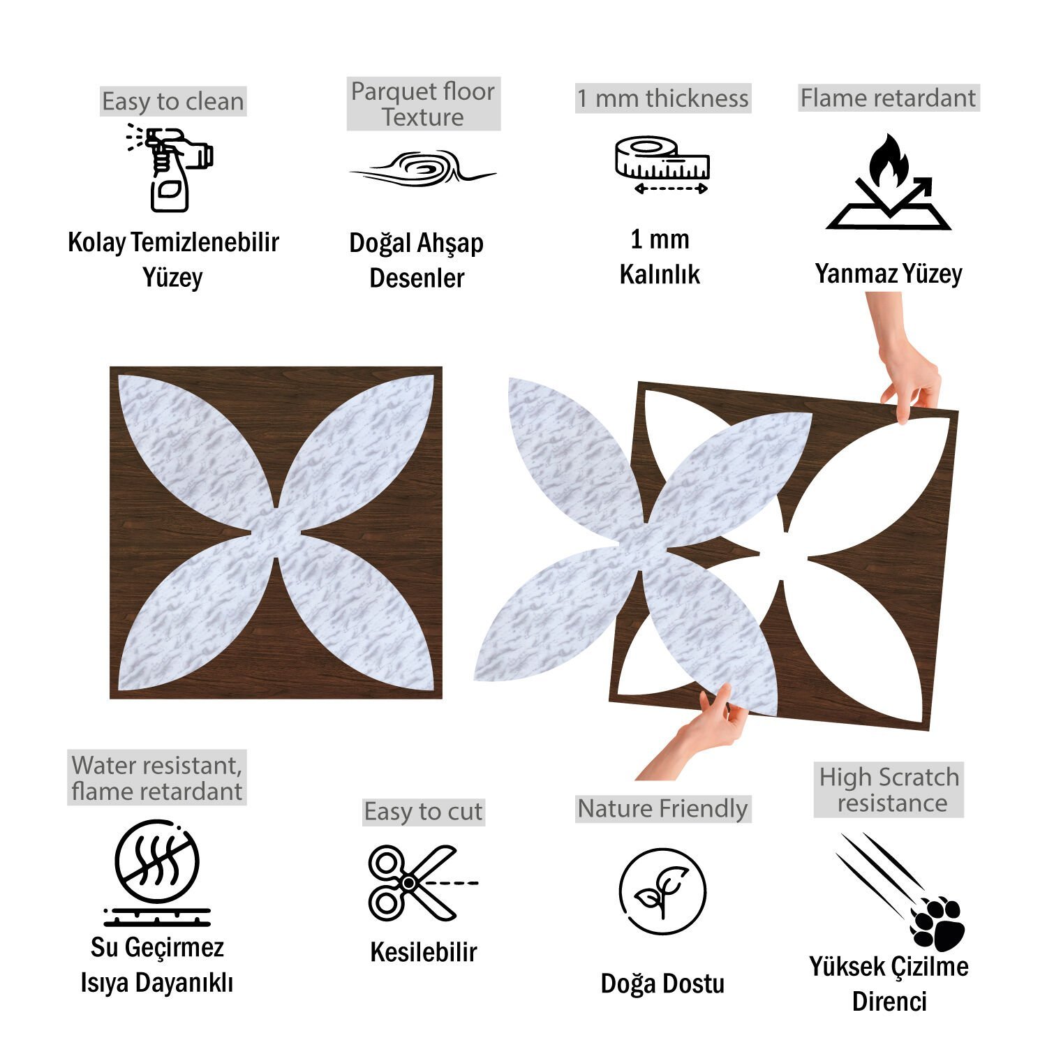 Tink Kendinden Yapışkanlı Parke Marküteri Parke Kaplama Yer Duvar Döşemesi 2 Pvc /40x40 cm/0,64 m²/4 Adet