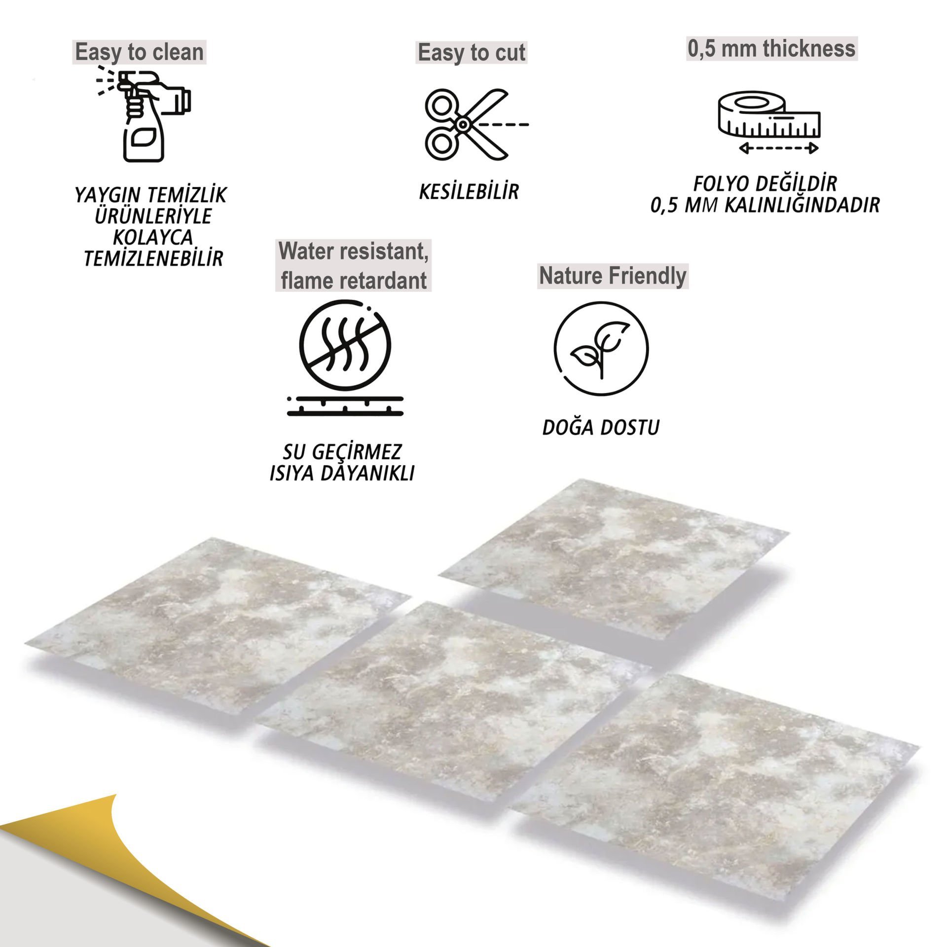 Tink Kendinden Yapışkanlı Gri Mermer Desenli 30x30 cm Pvc Karo