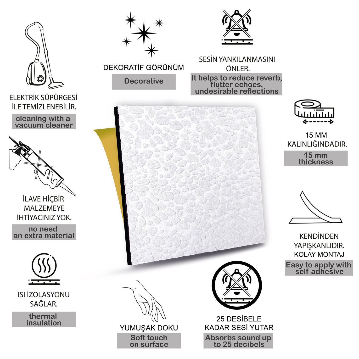 Tink Boyanabilir Kendinden Yapışkanlı Ses ve Isı Yalıtım Süngeri, Beyaz Keçe Kaplı Panel 41x41 cm
