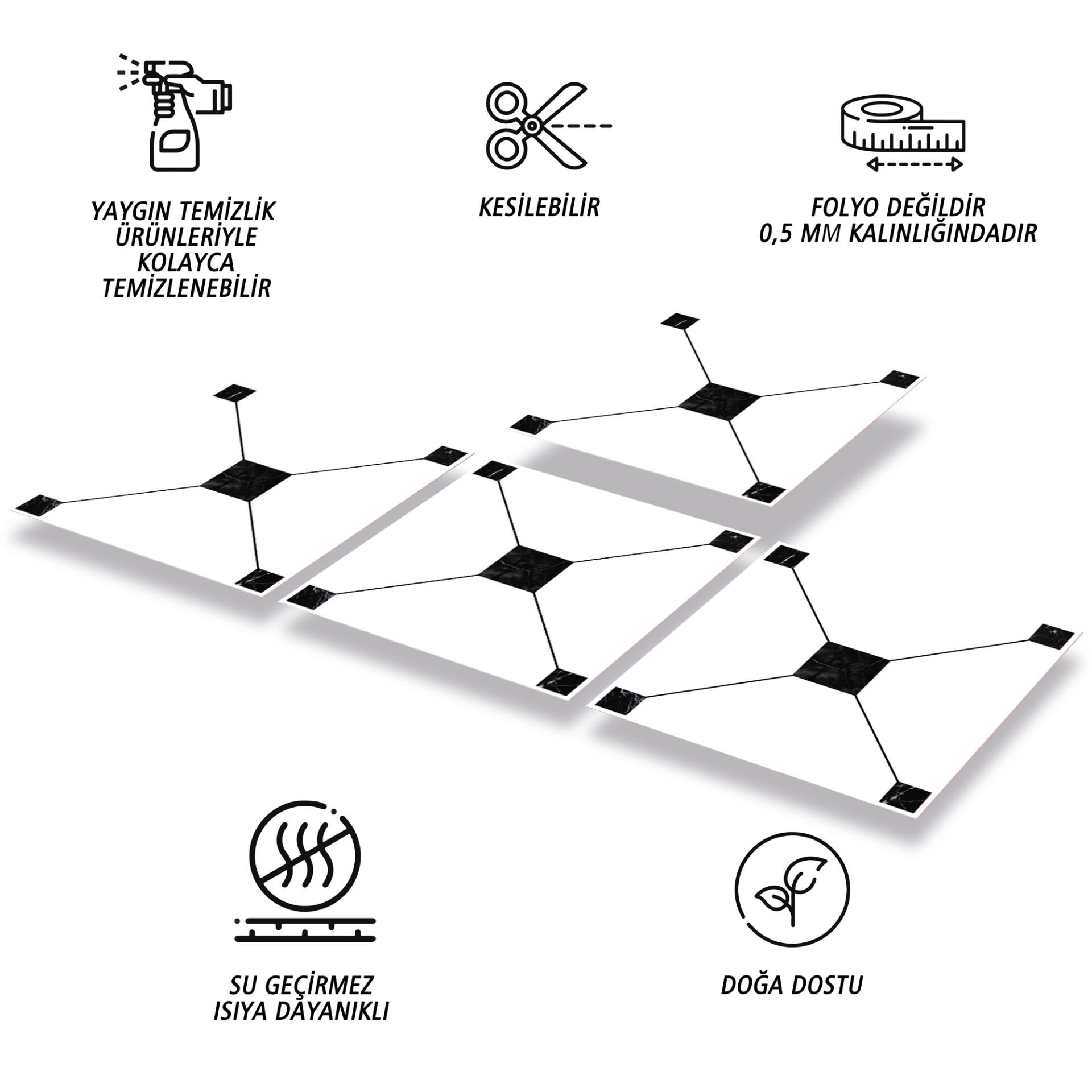 Tink Kendinden Yapışkanlı Zemin Kaplama Pvc Karo Kaplama Siyah Geometrik Desenli 30x30 cm
