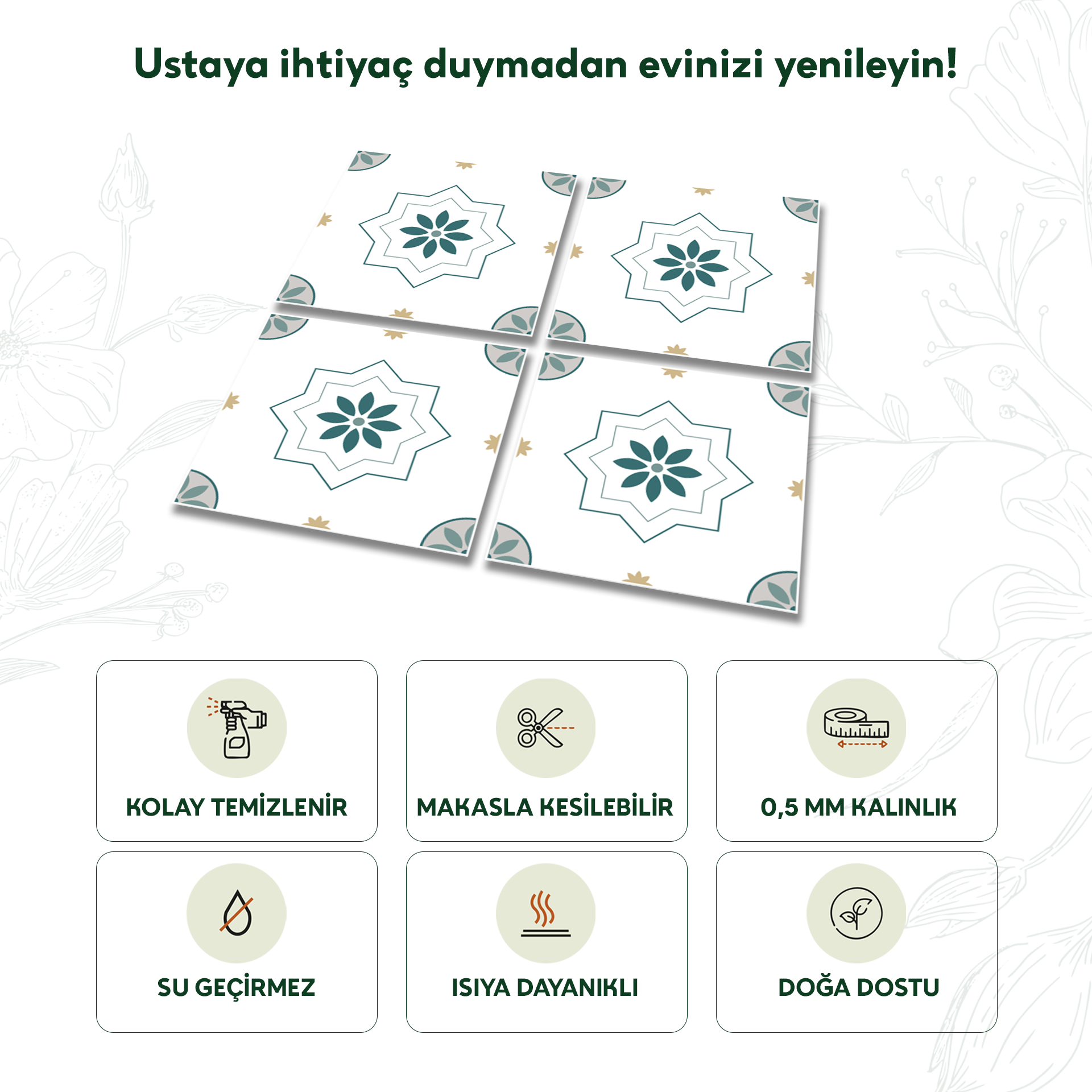 Tink Kendinden Yapışkanlı Fayans Kaplama Pvc Yer Döşemesi Casablanca Desenli 30x30 cm 1 m2 (11 Adet)