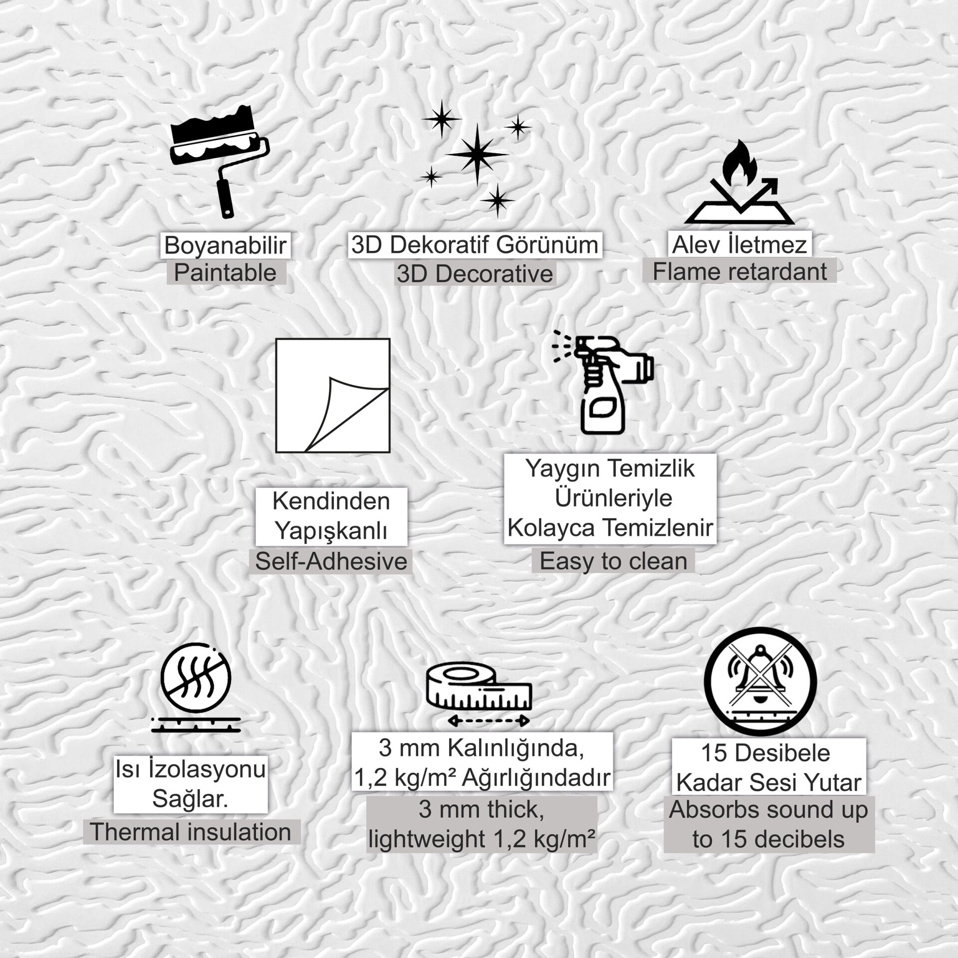 3D Duvar Paneli Boyanabilir Dekota 60x60 cm Alaca Desenli