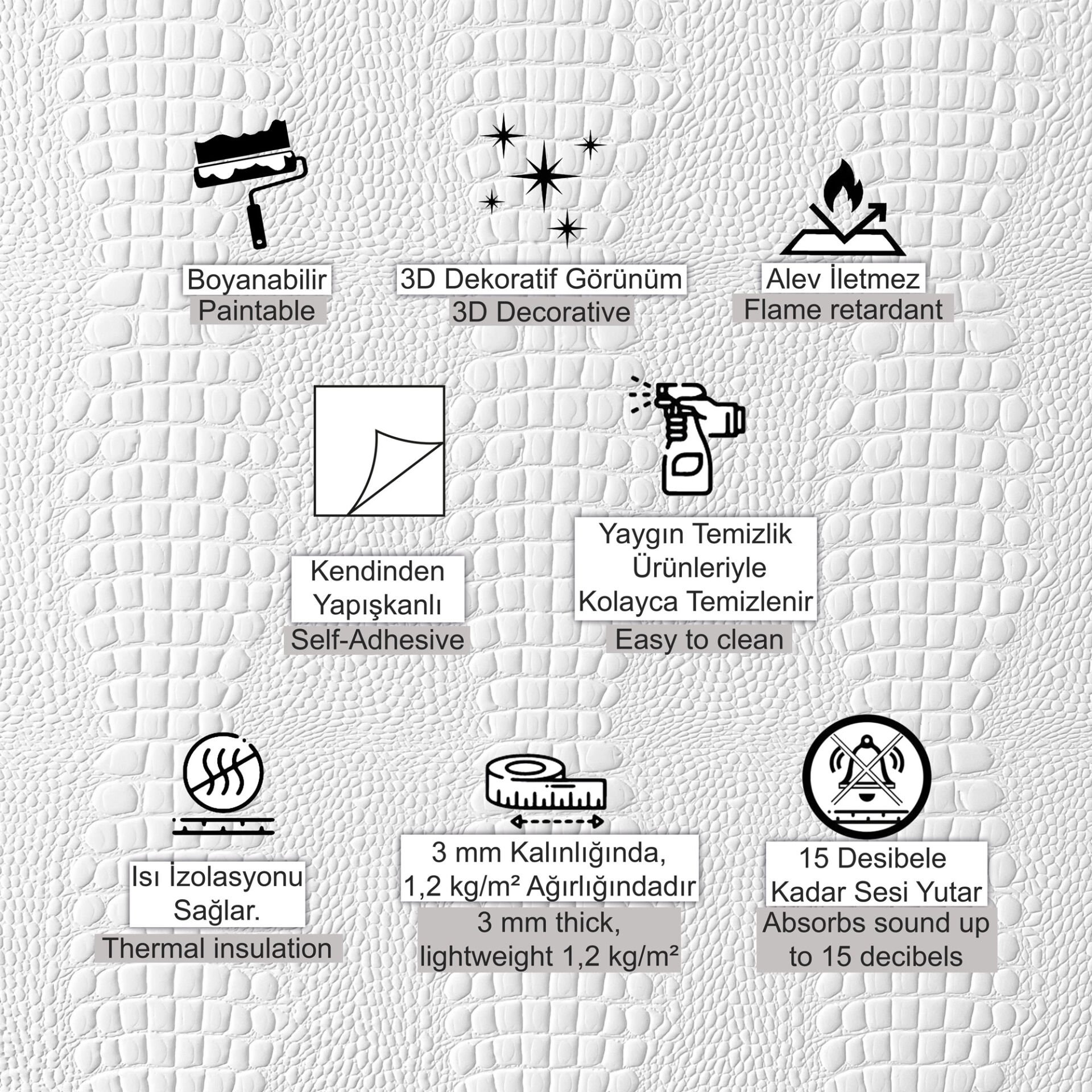 Kendinden Yapışkanlı Tink 3D Duvar Paneli Boyanabilir Dekota 60x60 cm / Deri Desenli