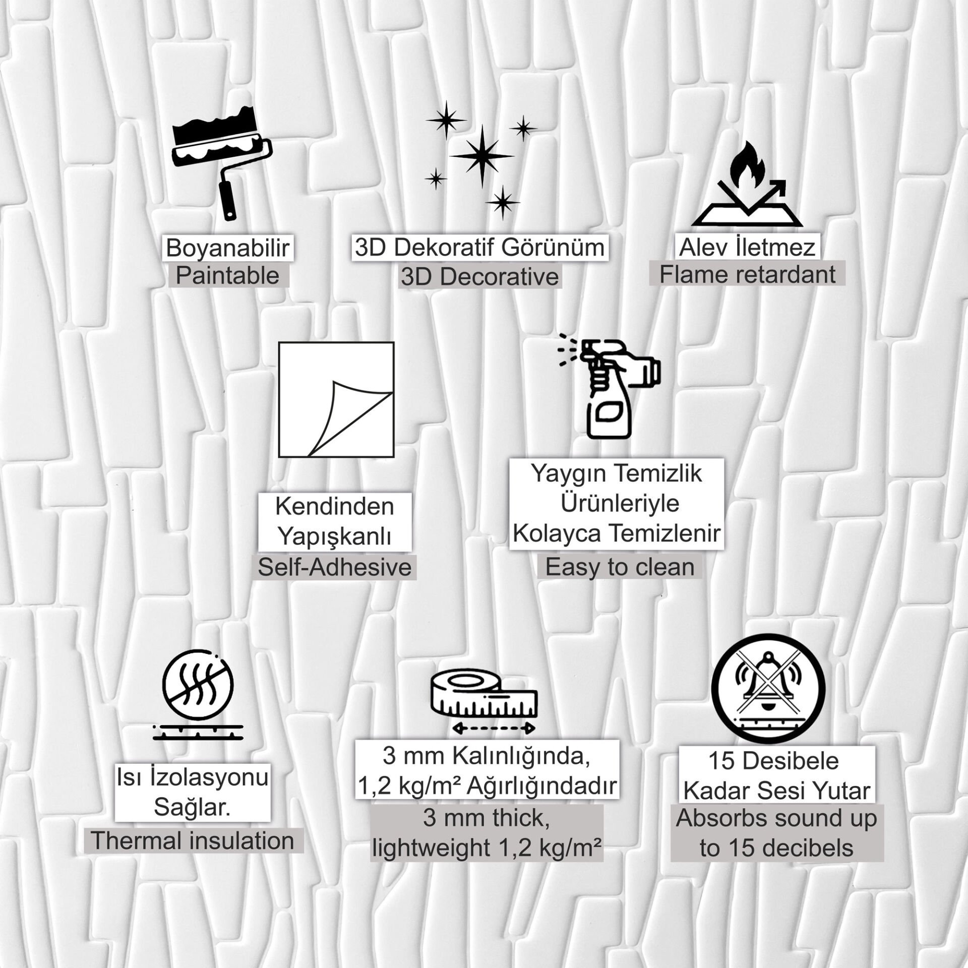 Kendinden Yapışkanlı Tink 3D Duvar Paneli Boyanabilir Dekota 60x60 cm Geometrik Desenli