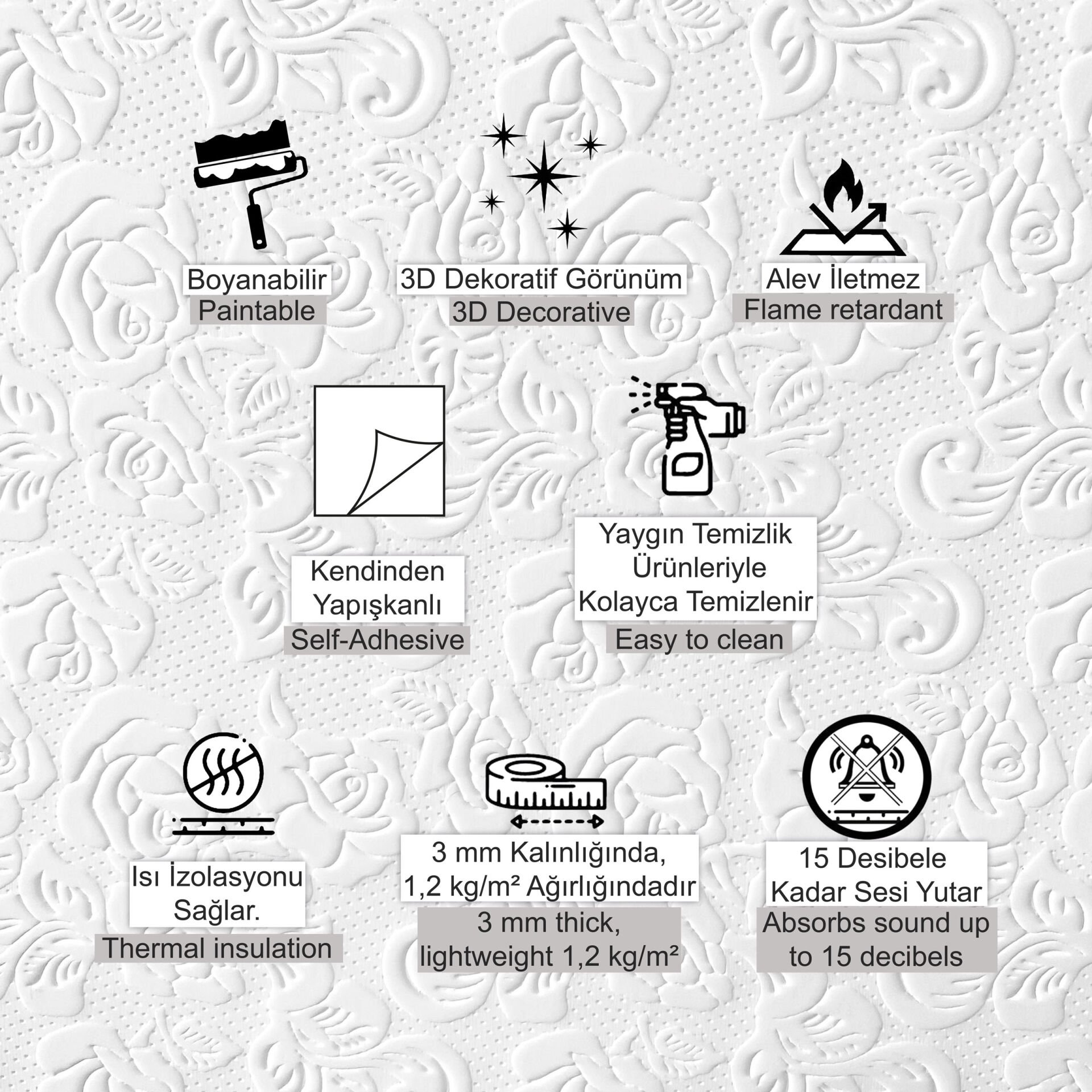 3D Duvar Paneli Boyanabilir Dekota 50x50 cm Güllü Desenli