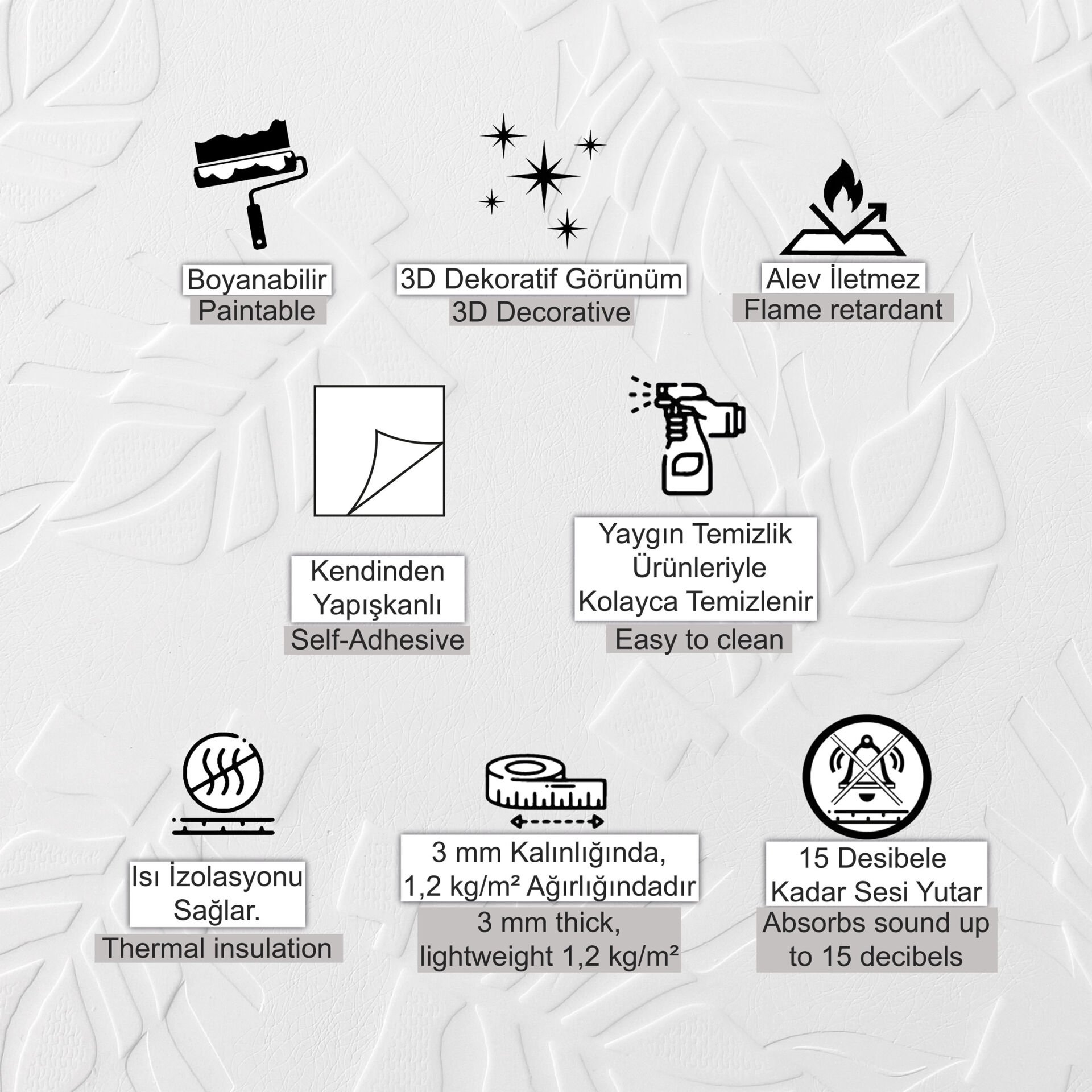 3D Duvar Paneli Boyanabilir Dekota 50x50 cm Yaprak Desenli