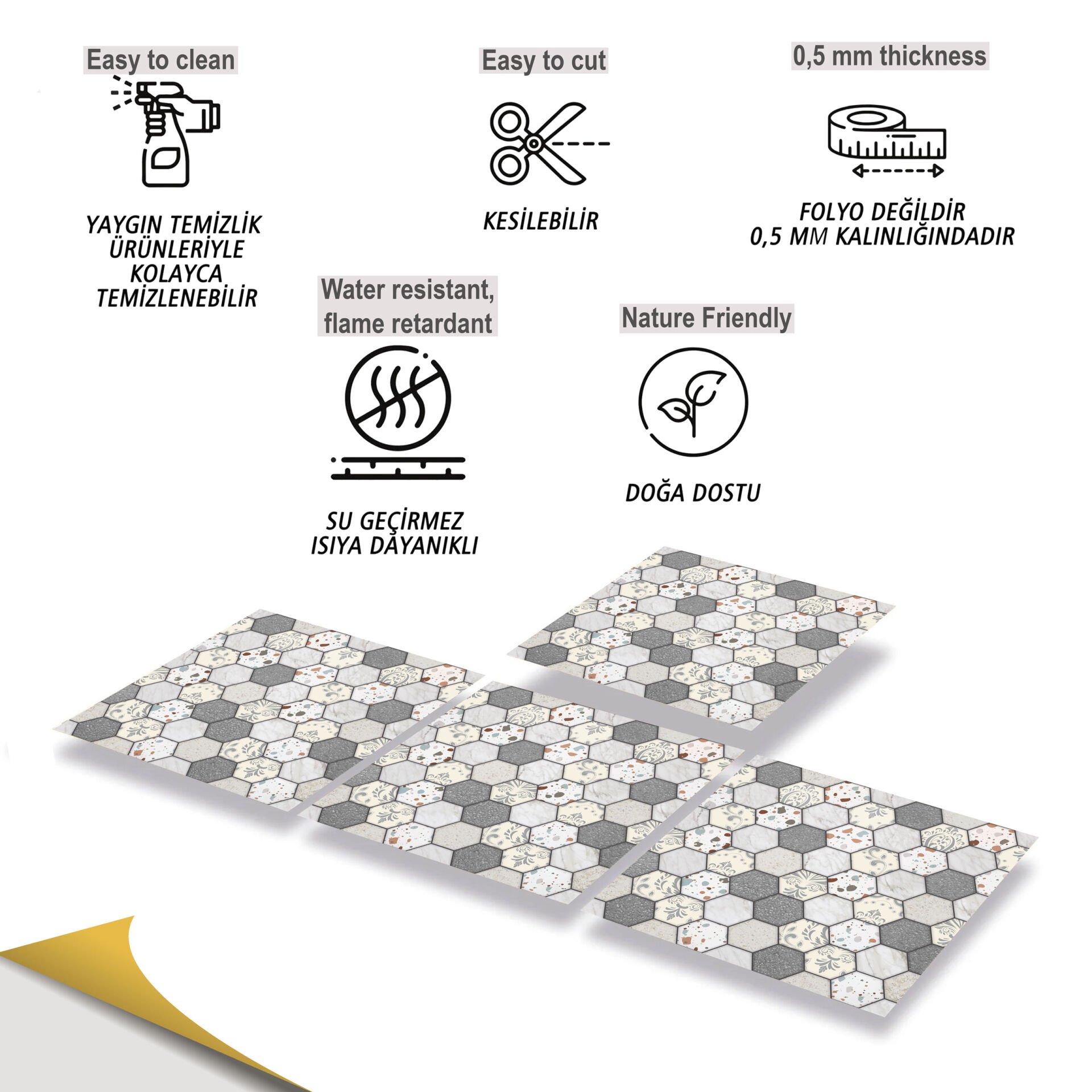 Tink Kendinden Yapışkanlı Fayans Kaplama Pvc Yer Döşemesi Terrazzo Petek Desenli 30x30 cm