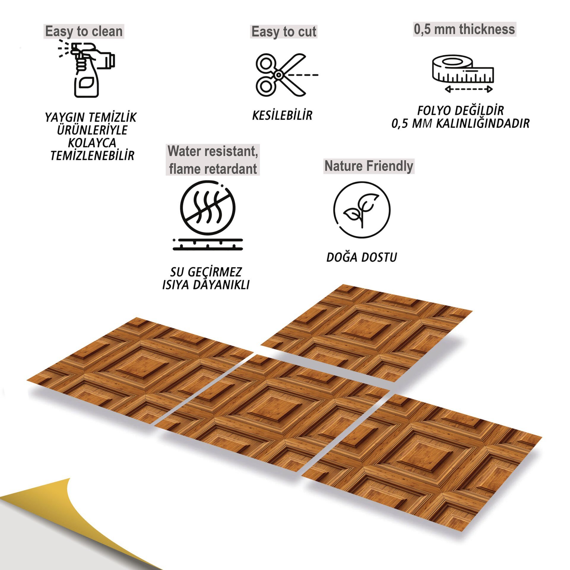 Tink Kendinden Yapışkanlı Fayans Kaplama Pvc Yer Döşemesi Kare Ahşap Desenli 30x30 cm