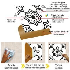 Tink Kendinden Yapışkanlı Fayans Kaplama Pvc Yer Döşemesi Siyah Selçuklu Yıldızı Desenli 30x30 cm